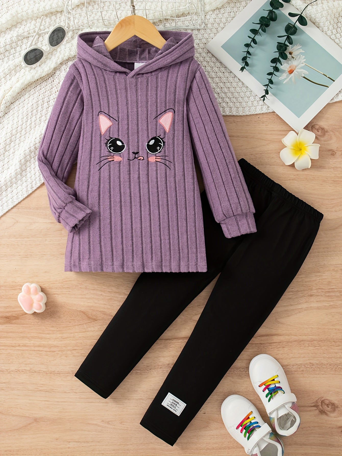 Cartoon Pattern Knit Set For Girls, Long Sleeve Top And Pants, Casual And Comfortable Outfit For Outdoor Activities in Spring And Autumn