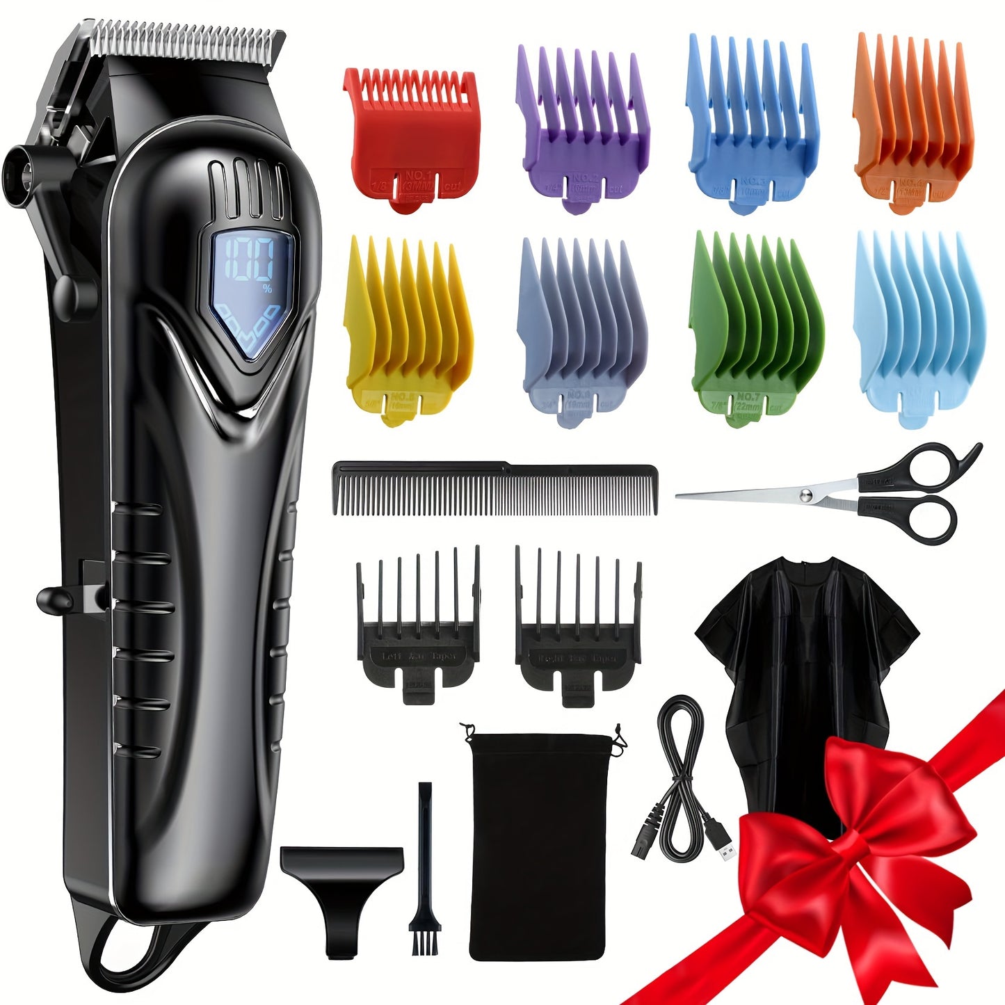 5-Hour Cordless Professional Hair Clippers Kit - Safety Razors with 10 Combs, LED Display, Low Noise, Rechargeable Beard Trimmer, Barber Clippers, Scissors, and Cape for Men and Women (Black)