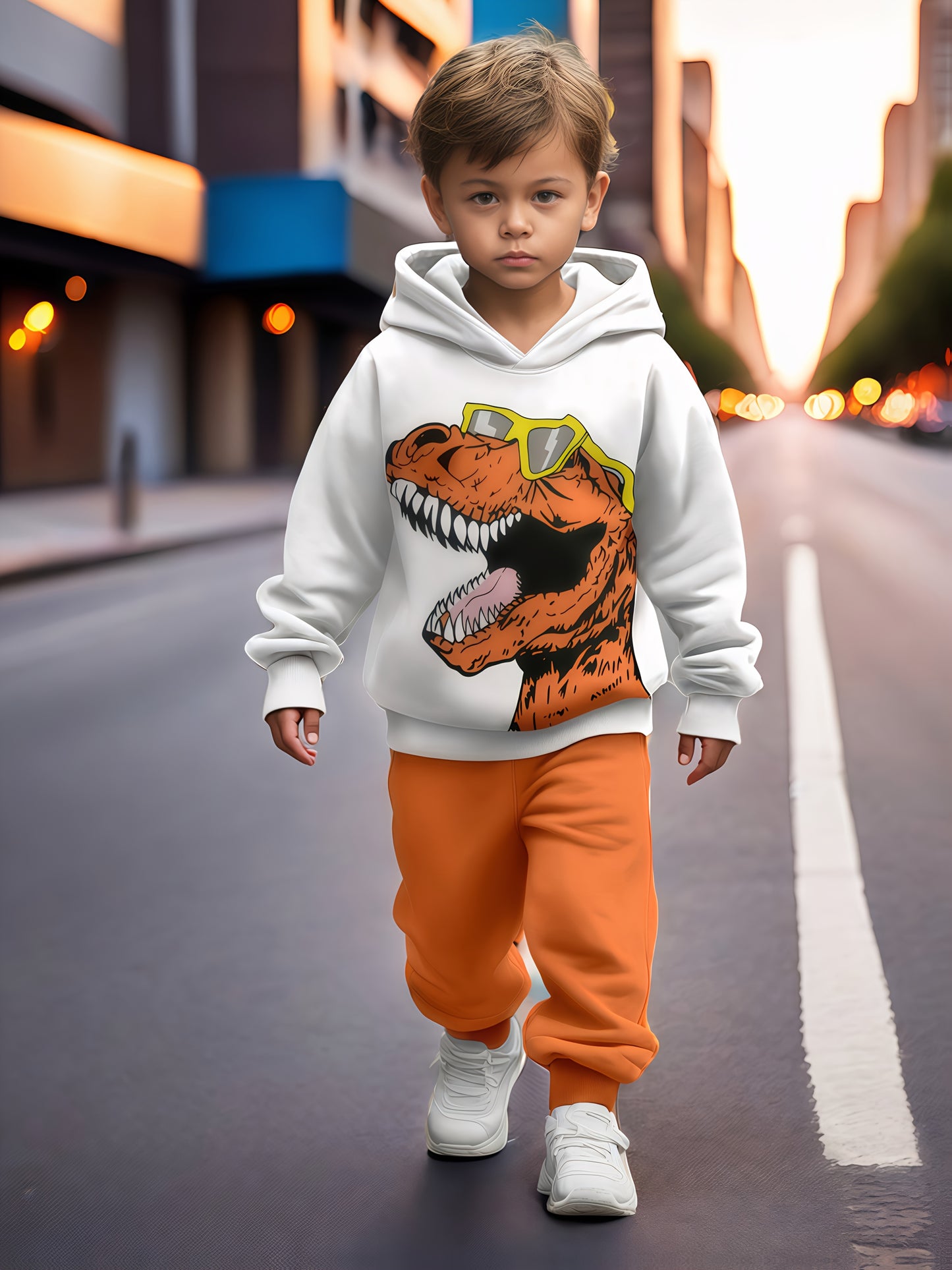 2pcs boy's cartoon dinosaur print sweatshirt sports suit, hooded sweatshirt + jogging pants sports Youngsters's clothing gift. Comfortable fabric, spring and autumn season, 2pcs sports sweatshirt set. Suitable for outdoor use