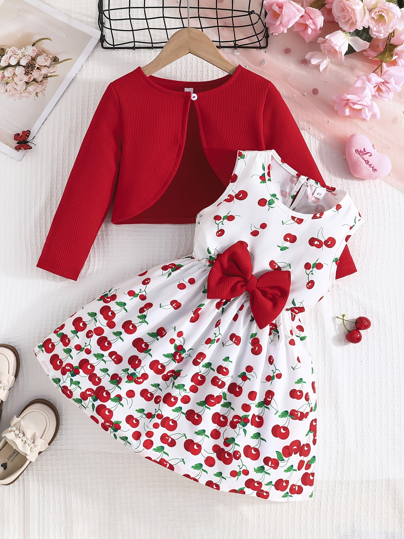 Romantic Cute 2pcs Long-sleeved Cardigan Jacket + Sleeveless Bow Sundress Set for Girls - Sweet Stylish Valentine's Day Outfit