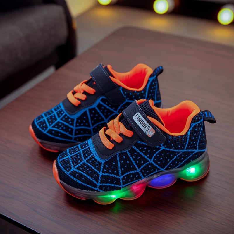 Casual Cool Spider Net Woven Shoes With LED Light For Boys, Breathable Non-slip Sneakers For Walking Running Training