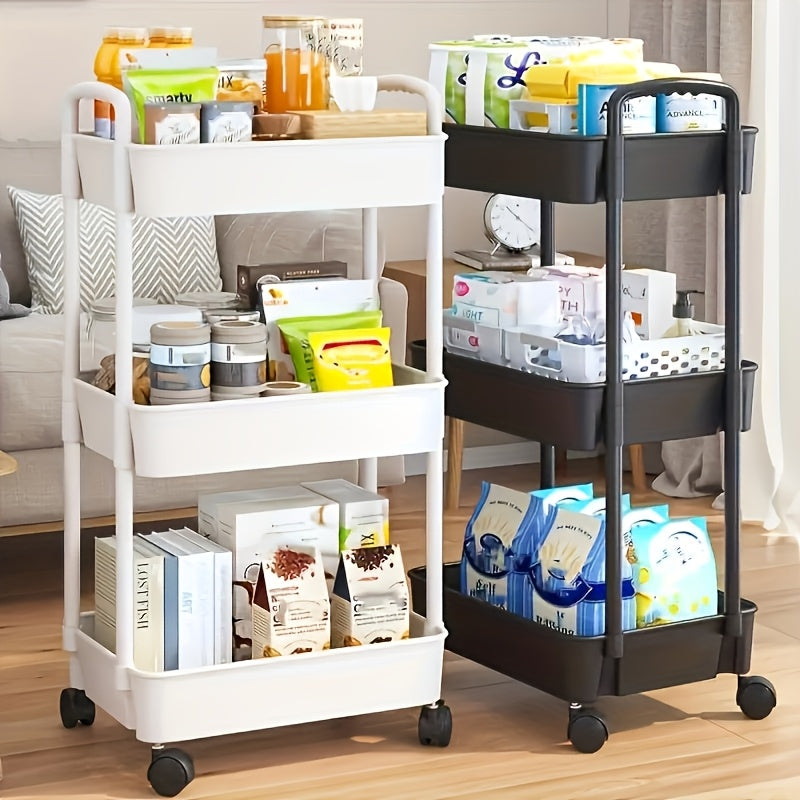 [Rolling Storage Cart] 3-Tier Rolling Storage Cart - Multi-Level Space Saver with Wheels, Black and White Plastic Organizer Rack for Kitchen, Bedroom, and Outdoor Camping, Narrow Storage Cart