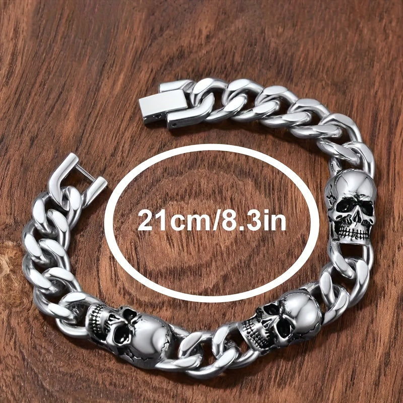 Men's Skull Gothic Stainless Steel Magnetic Cuban Chain Bracelet - Halloween Gifts For Men, Cool Punk Style Bracelets Daily Wear Bar Bracelets