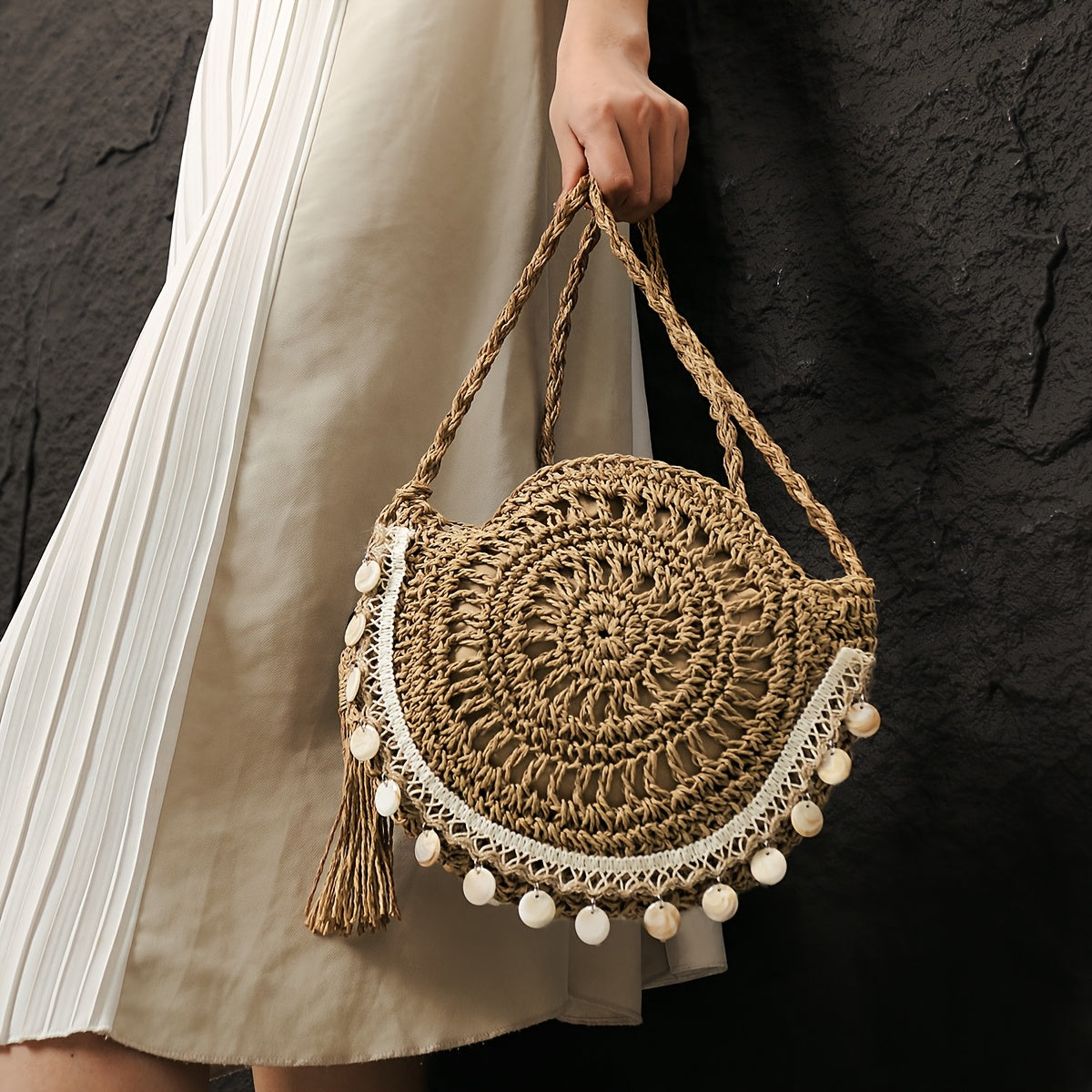 Boho-Chic Shell Woven Crossbody Bag - Light Brown Paper Straw Round Handbag with White Crochet Trim & Tassel Accents | Summer Beach Bag for Women, Perfect for Shopping, Vacation & Casual Outings | Stylish Gift for Teens, Coll