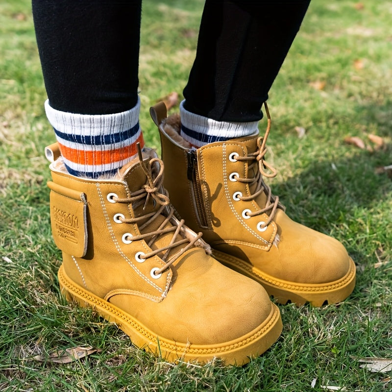 Boys' Fashionable And Cool Boots With Fleece Lining, Zipper, Comfortable And Non-slip, Suitable For Indoor And Outdoor Travel In Autumn And Winter.