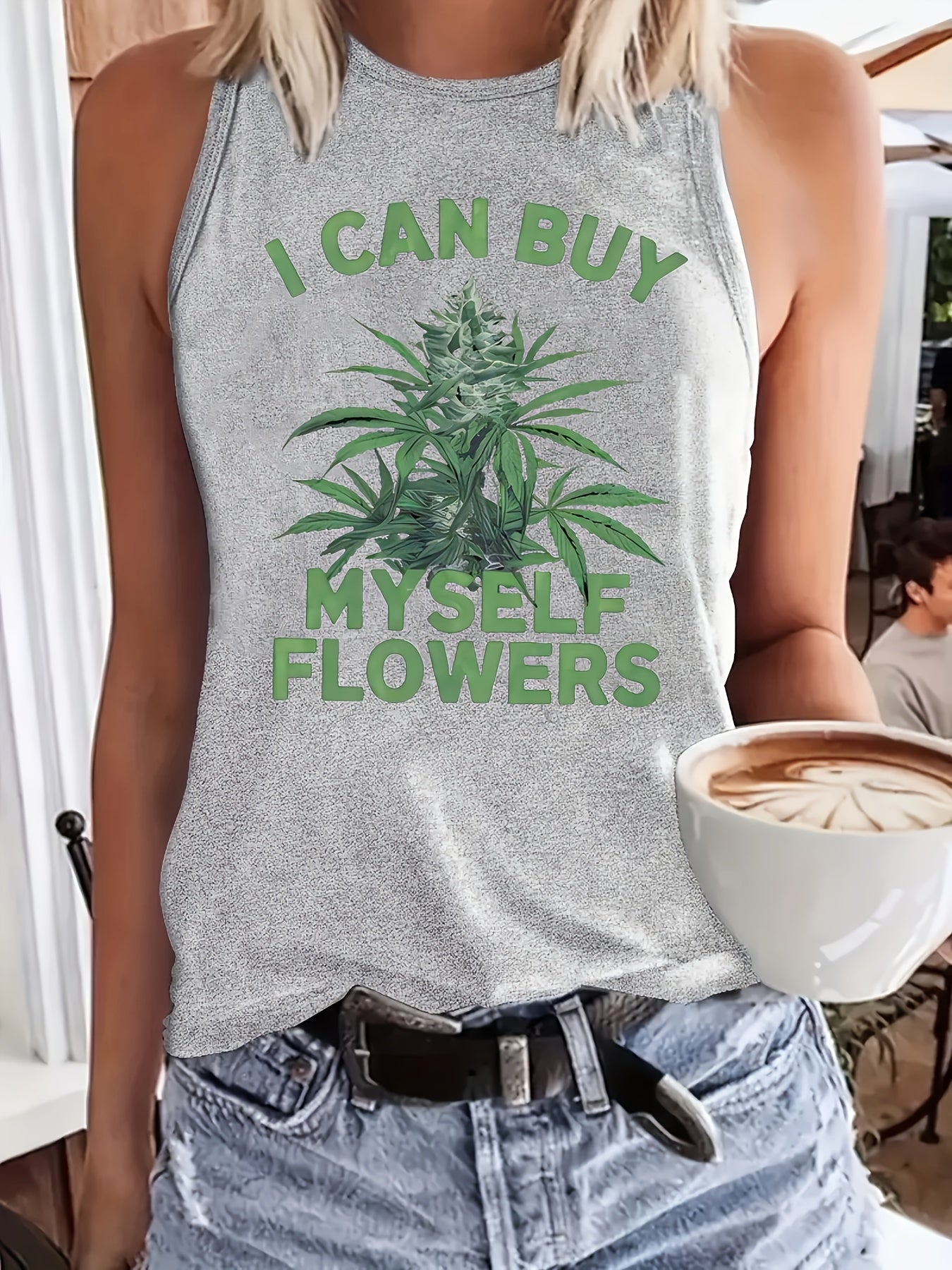 Women'S Casual Polyester Spandex Knit Fabric Crew Neck Tank Top, Regular Fit, with Cannabis Flower and Letter Print, for All Season Sleeveless Shirt