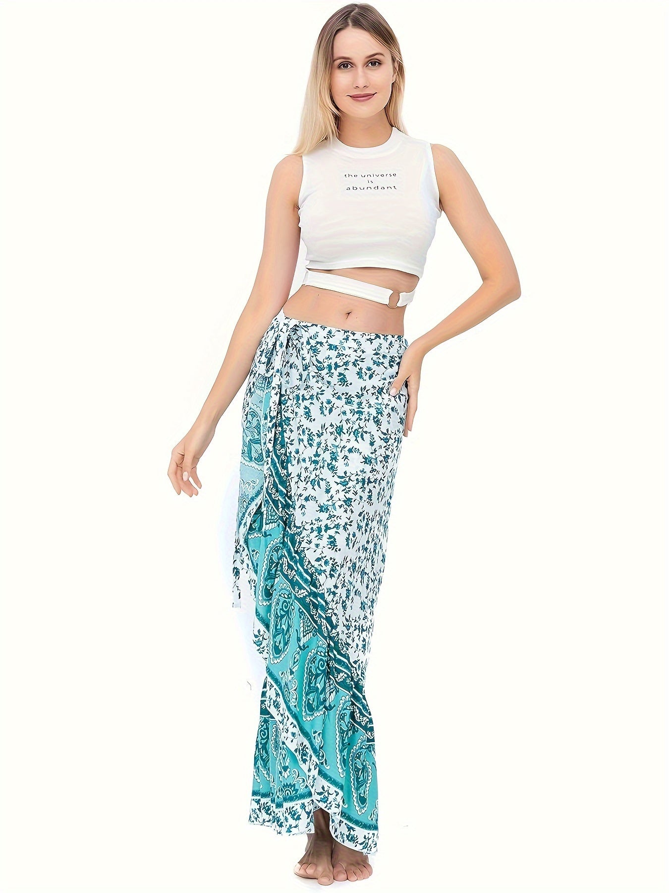 [Boho Print Maxi Skirt] High Waist Boho Print Maxi Skirt - Asymmetric Hem Side Wrap Long Skirt for Women