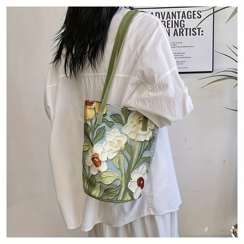Floral Oxford Cloth Bucket Bag for Women - Stylish Summer Handbag with Oil Painting Flower Design, Large Capacity, Green/Blue/Black, Perfect for Casual Outings, Ladies Handbags