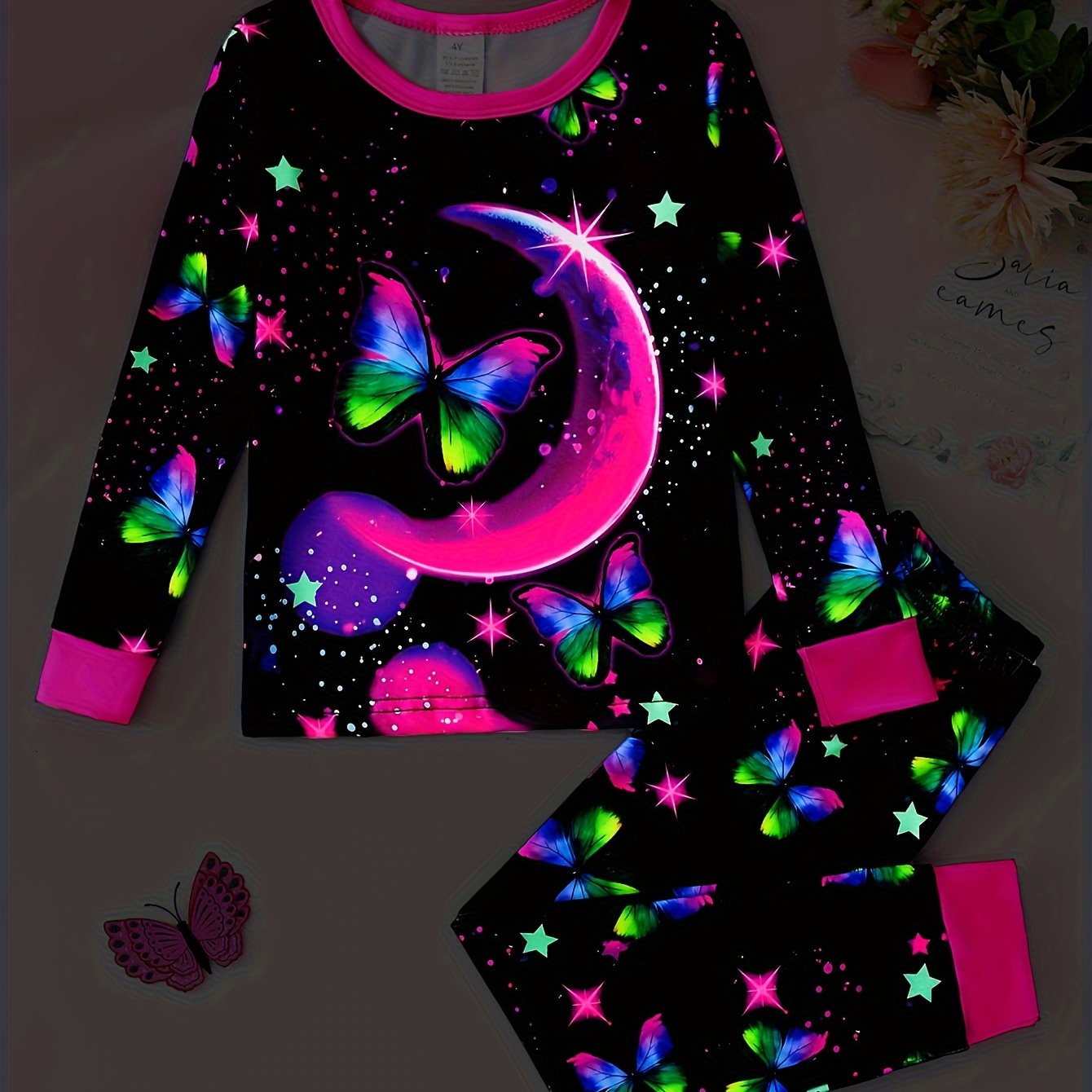 Girls' Starry Night Butterfly Print Pajama Set - Cozy Long Sleeve & Pants, Stretchy Knit Fabric, Machine Washable(uv light shines)