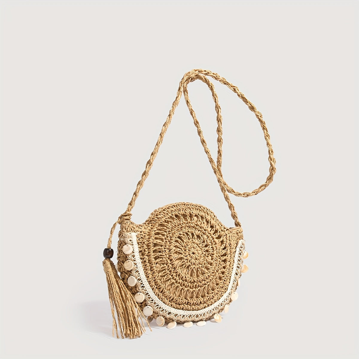 Boho-Chic Shell Woven Crossbody Bag - Light Brown Paper Straw Round Handbag with White Crochet Trim & Tassel Accents | Summer Beach Bag for Women, Perfect for Shopping, Vacation & Casual Outings | Stylish Gift for Teens, Coll