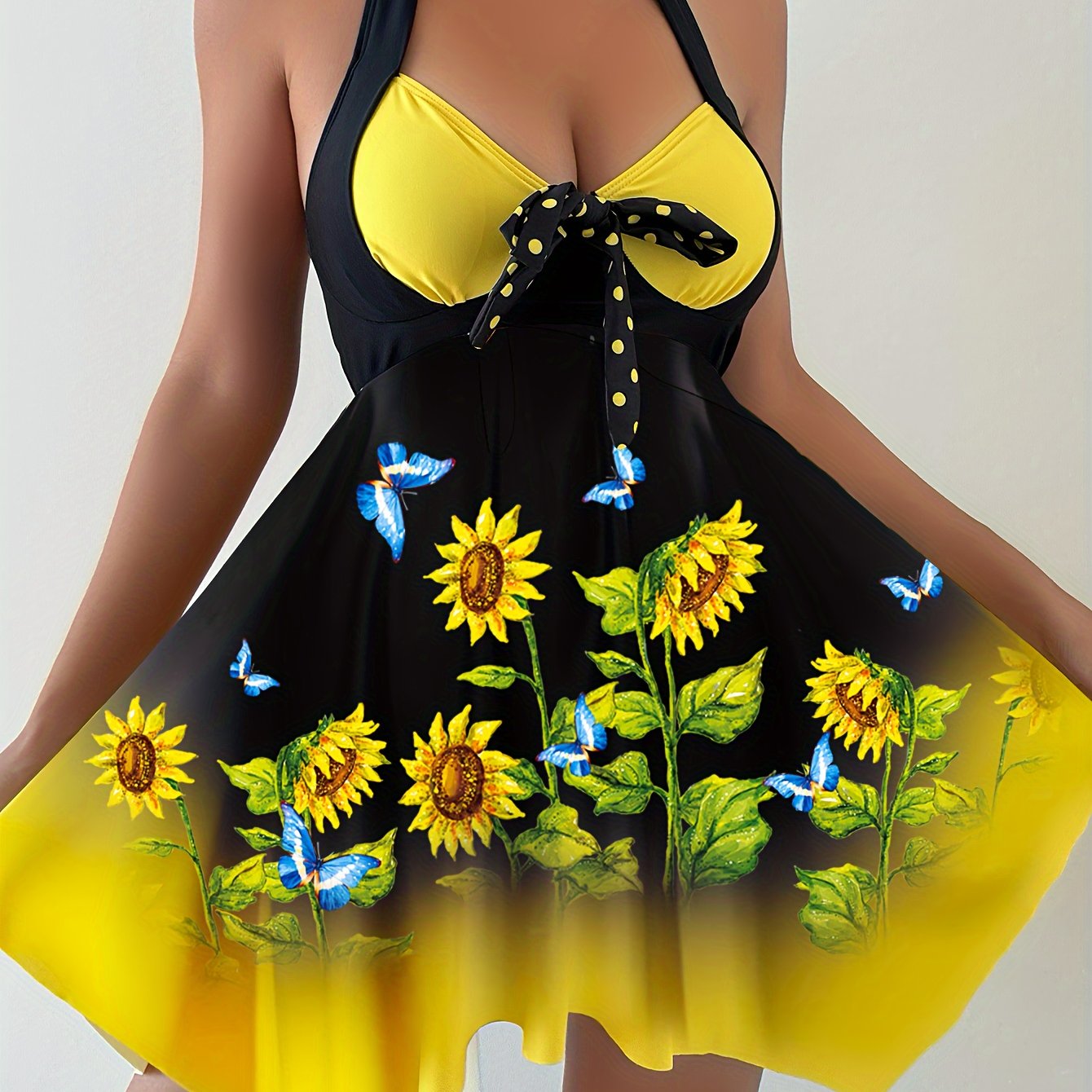 Women's 2 Piece Set Tankini, Sunflower Print And Bow Swim Dress, Dot Print Bottoms, Women's Swimwear & Clothing