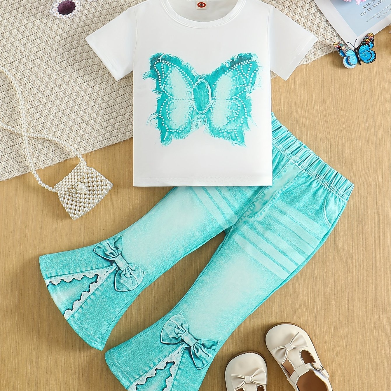 Chic Girls' 2pcs Set: Butterfly Print Short Sleeve Tee & Faux Denim Bell Bottoms - Machine Washable, Spring/Fall, Perfect for Outdoor