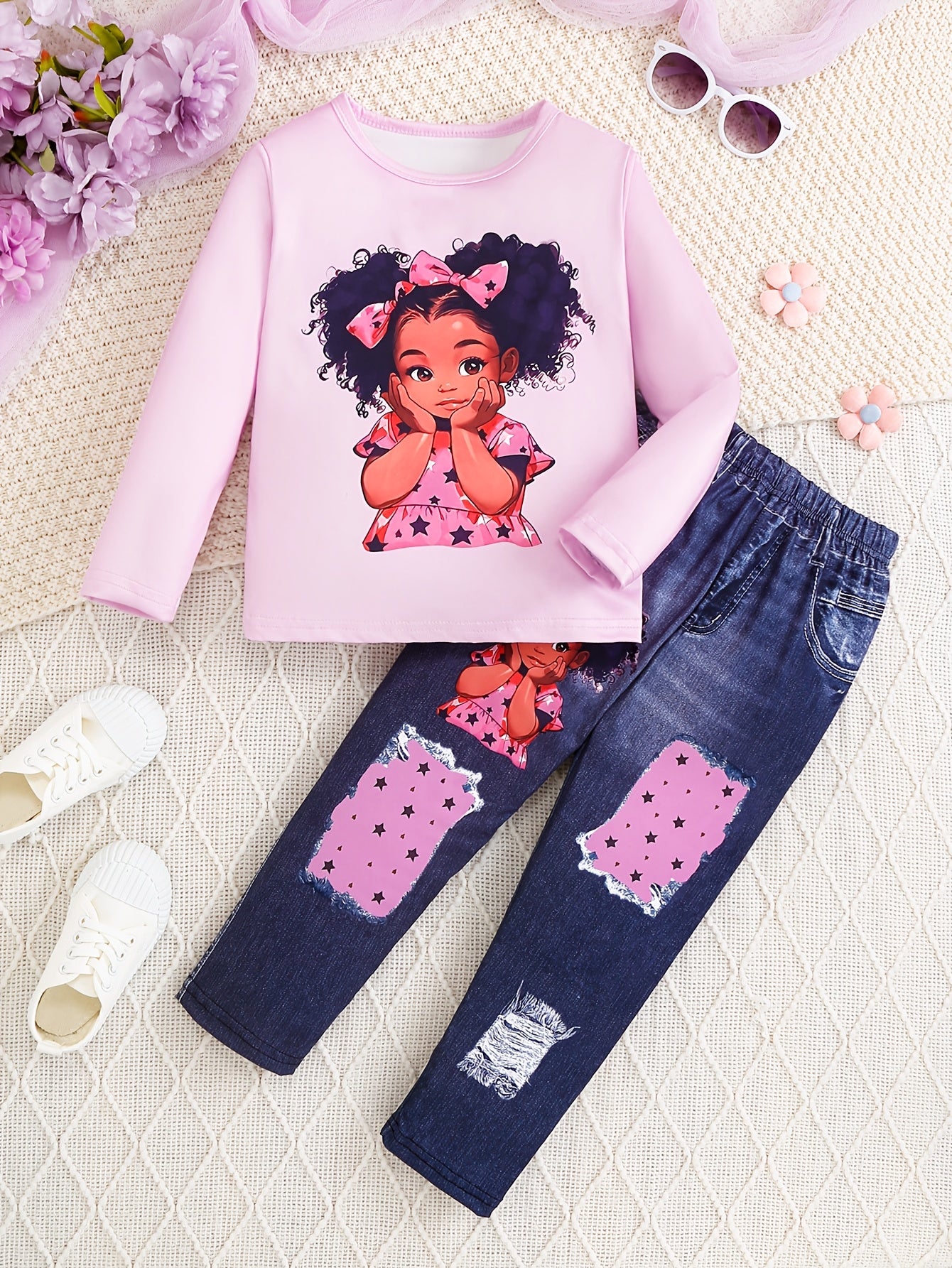 2Pcs Sweet Doll Print Suit Girl's outdoor Long-Sleeve Top + Imitation Denim Effect Leggings Set - Spring & Fall Clothes, Casual Outfits Holiday Sports Gift