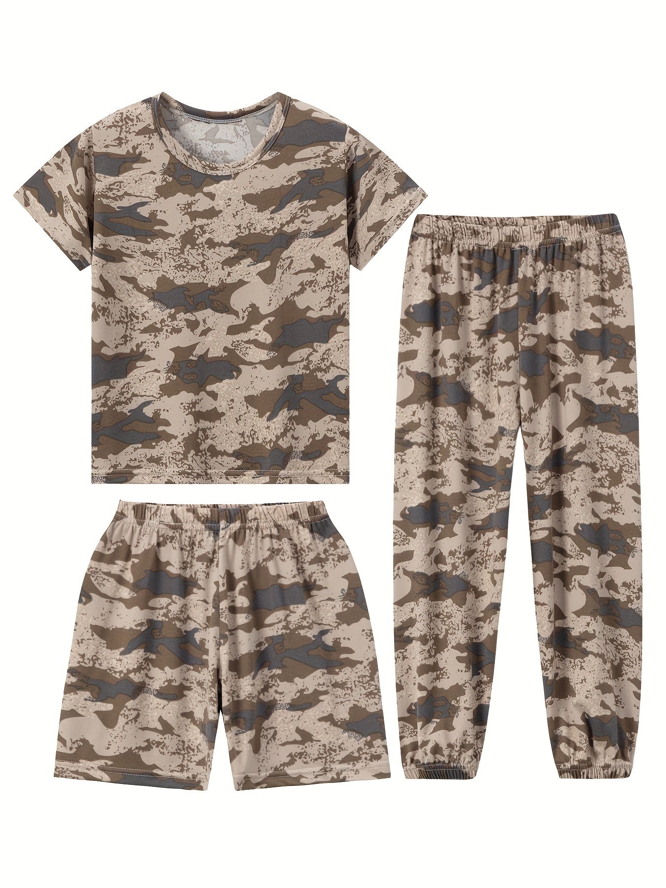 3pcs Boys Camouflage Sets, Comfy Short Sleeve T-shirt + Shorts + Elatsic Waist Pants, Loose Set For 4-14 Years Old In Spring And Summer