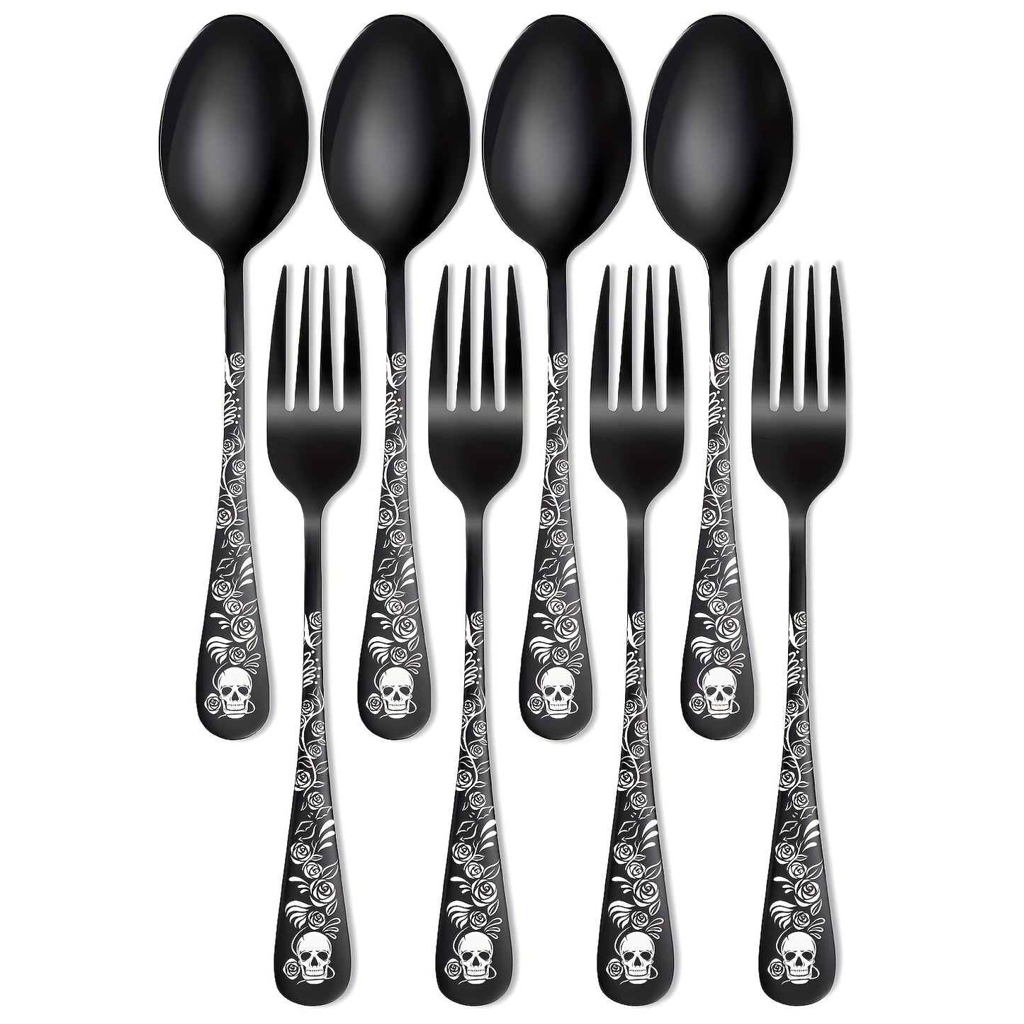 [6/8/12pcs Durable Steel Flatware Set] Gothic Black Skull and Rose Design Stainless Steel Flatware Set, 6/8/12pcs, Steel Cutlery Set for Halloween, Christmas, Easter, Thanksgiving - Durable Steel Spoons and Forks for Dessert