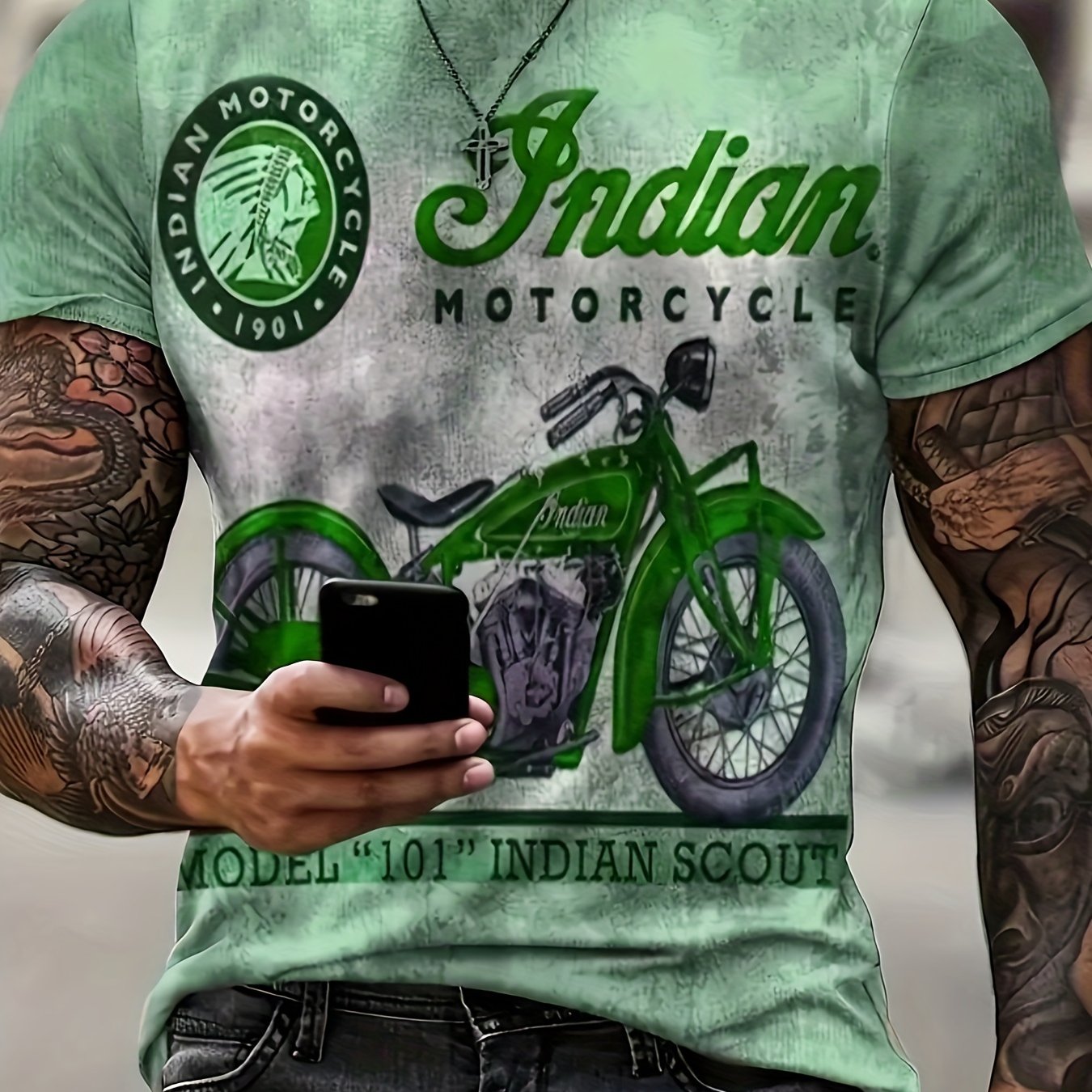 Men's Stylish And Retro Style Motorcycle Pattern And Alphabet Print T-shirt With Crew Neck And Short Sleeve, Fashionable Sports Tops For Summer Outdoors Activities