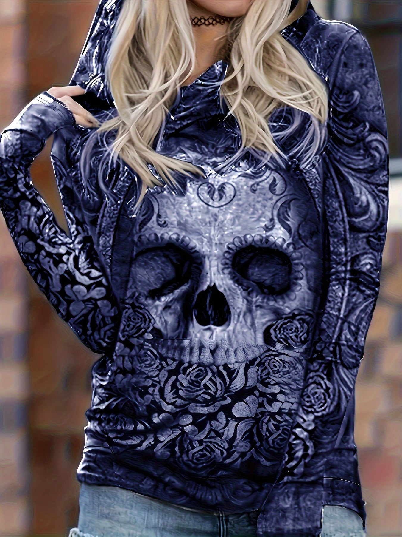 Skull Floral Hoodie - Ultra-Comfortable Casual Design, Long Sleeve for Added Warmth - Perfect for Spring and Fall Seasons, Designed Exclusively for Womens Clothing