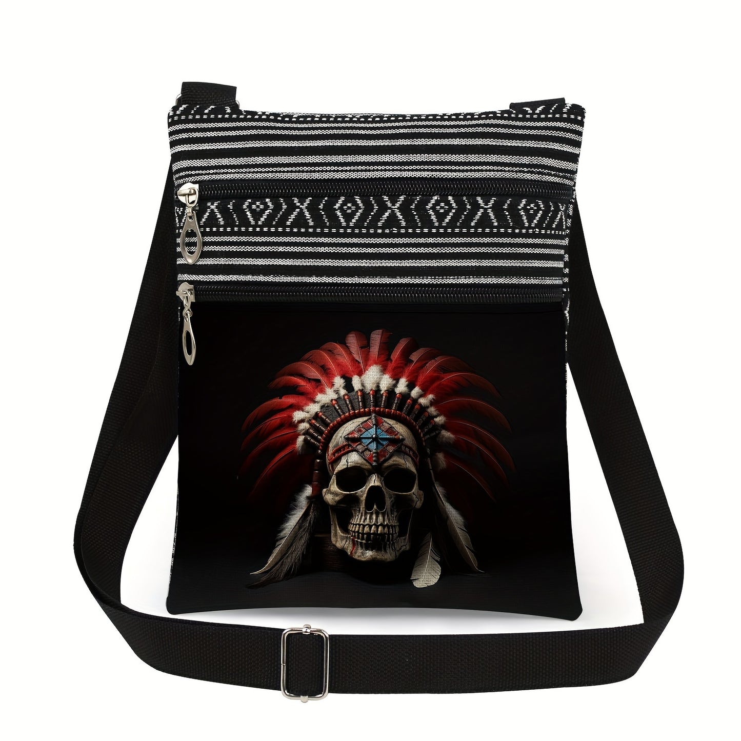 Stylish Skull Print Crossbody Bag with Adjustable Black & White Striped Strap - Durable Polyester, Handwash/Dry Clean, Ideal for Daily Commute, Small Crossbody Bag