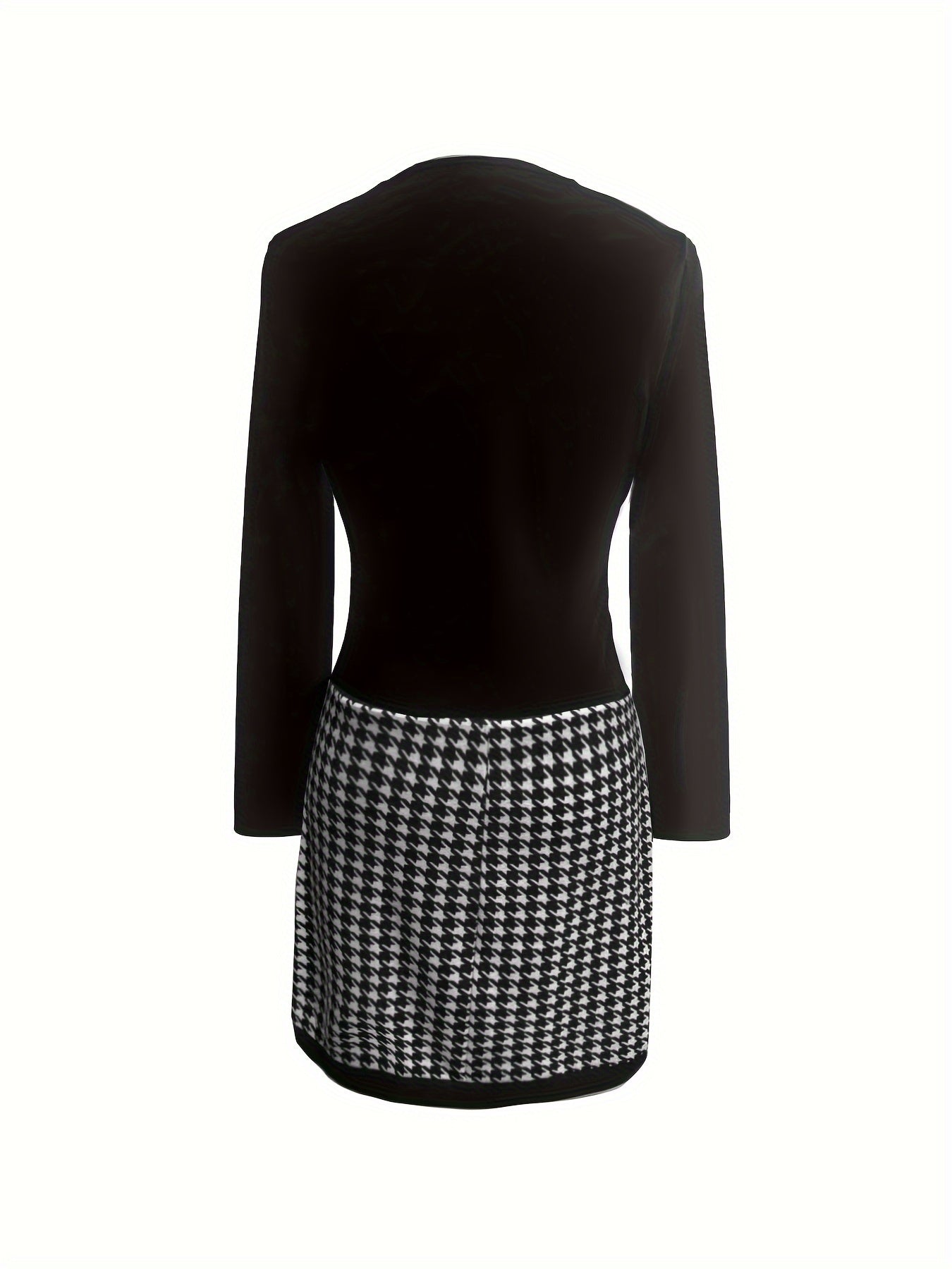 Chic Houndstooth V Neck Dress - Casual Long Sleeve Slim Fit - Perfect for Everyday Style - Womens Fashion Clothing