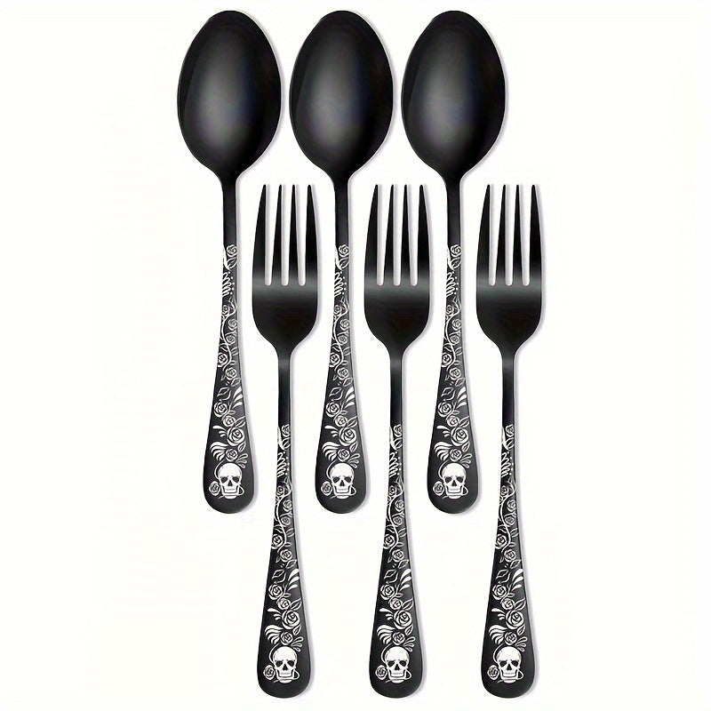 [6/8/12pcs Durable Steel Flatware Set] Gothic Black Skull and Rose Design Stainless Steel Flatware Set, 6/8/12pcs, Steel Cutlery Set for Halloween, Christmas, Easter, Thanksgiving - Durable Steel Spoons and Forks for Dessert