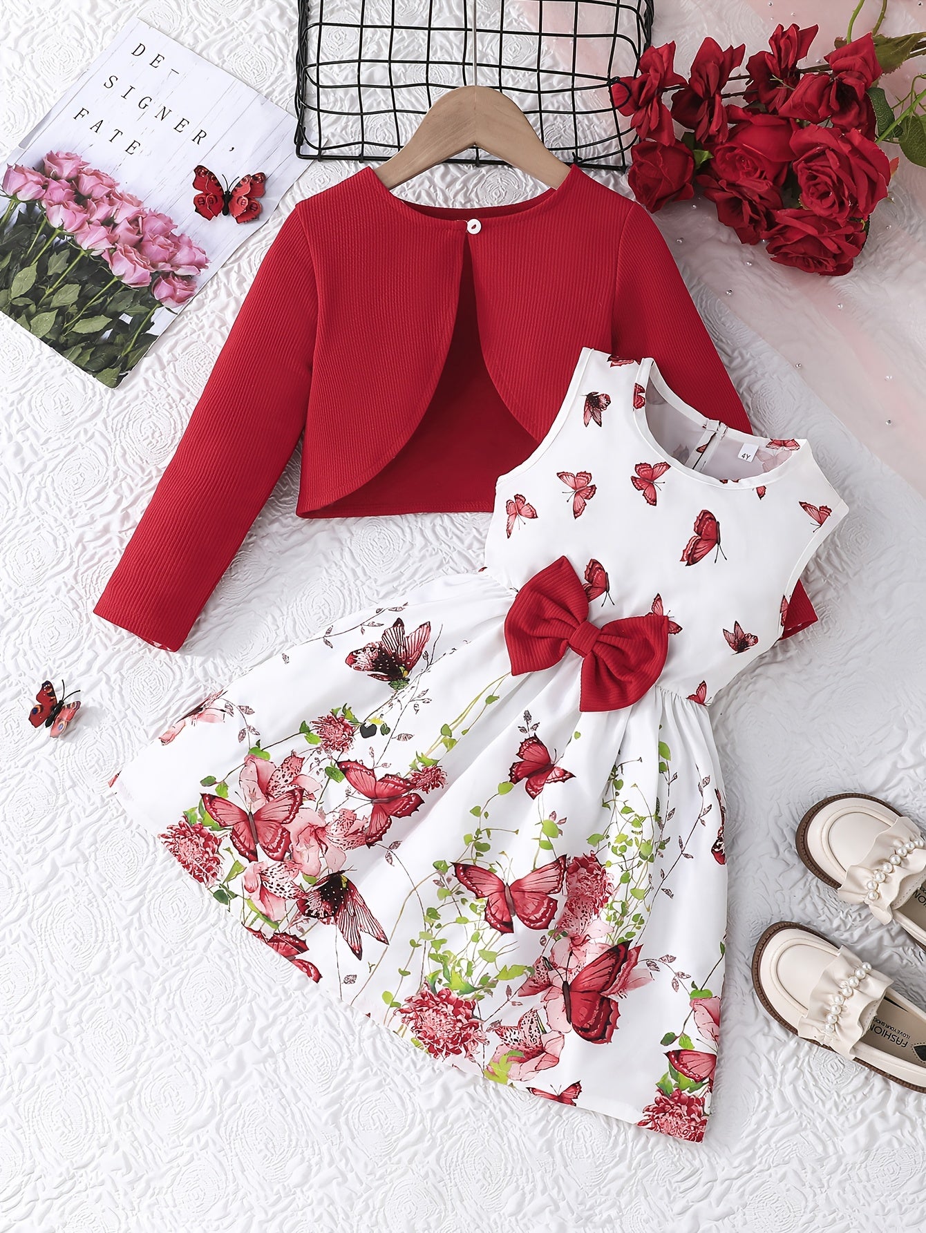 Romantic Cute 2pcs Long-sleeved Cardigan Jacket + Sleeveless Bow Sundress Set for Girls - Sweet Stylish Valentine's Day Outfit