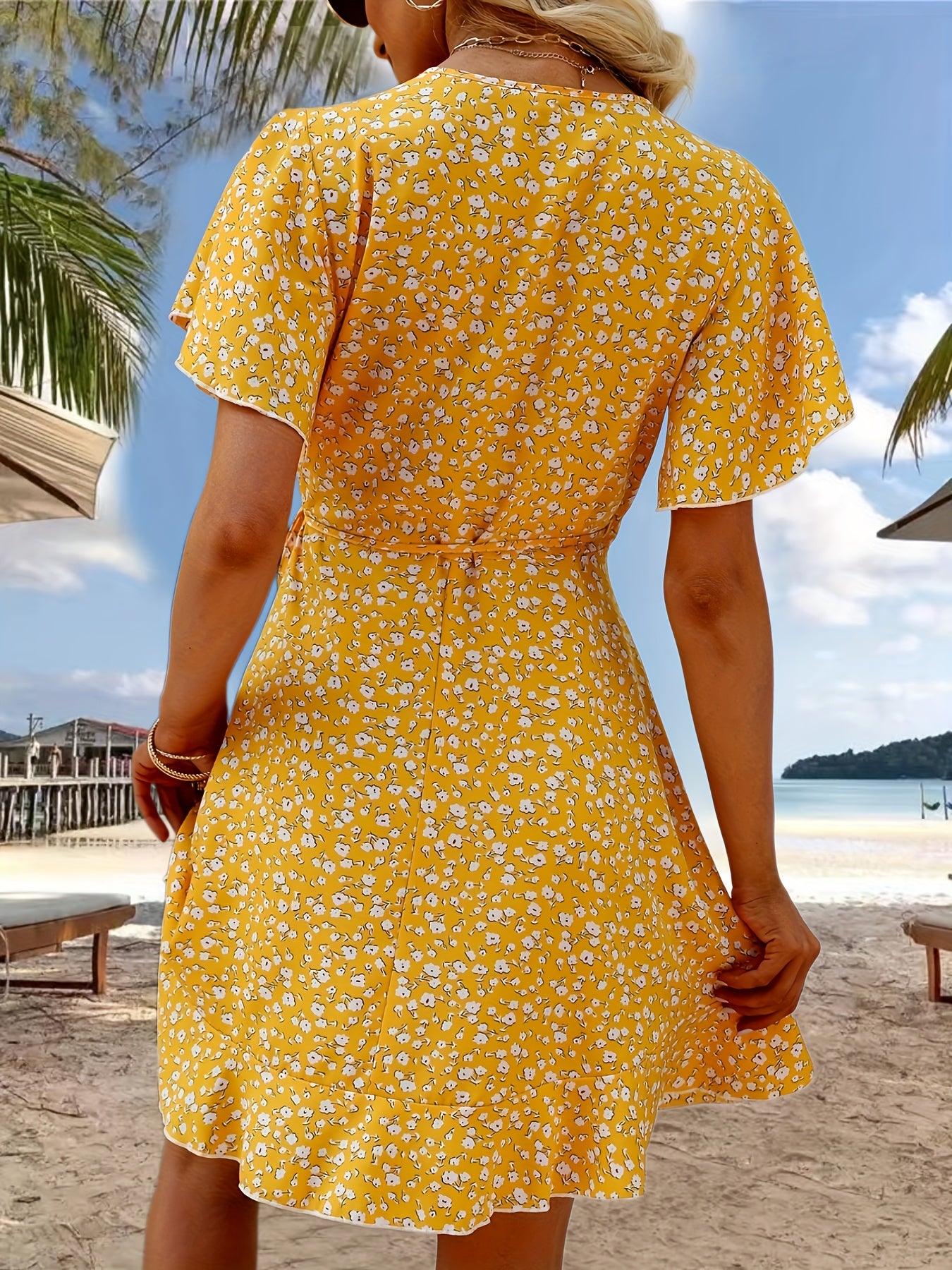 Vibrant Floral Print Ruffle Hem Wrap Dress - Short Sleeve, V-Neck, Sexy, Flowy, Spring & Summer Essential - Women's Clothing for Chic Ladies