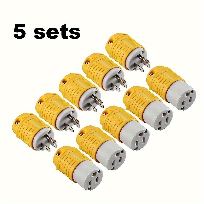 [5 Male and Female Connectors Set] Set of 1/3/5 Male And Female Connectors, American Industrial RV Replacement Plug Set NEMA 5-15R 15A 125V, Straight Connector, Yellow Color, Without Battery