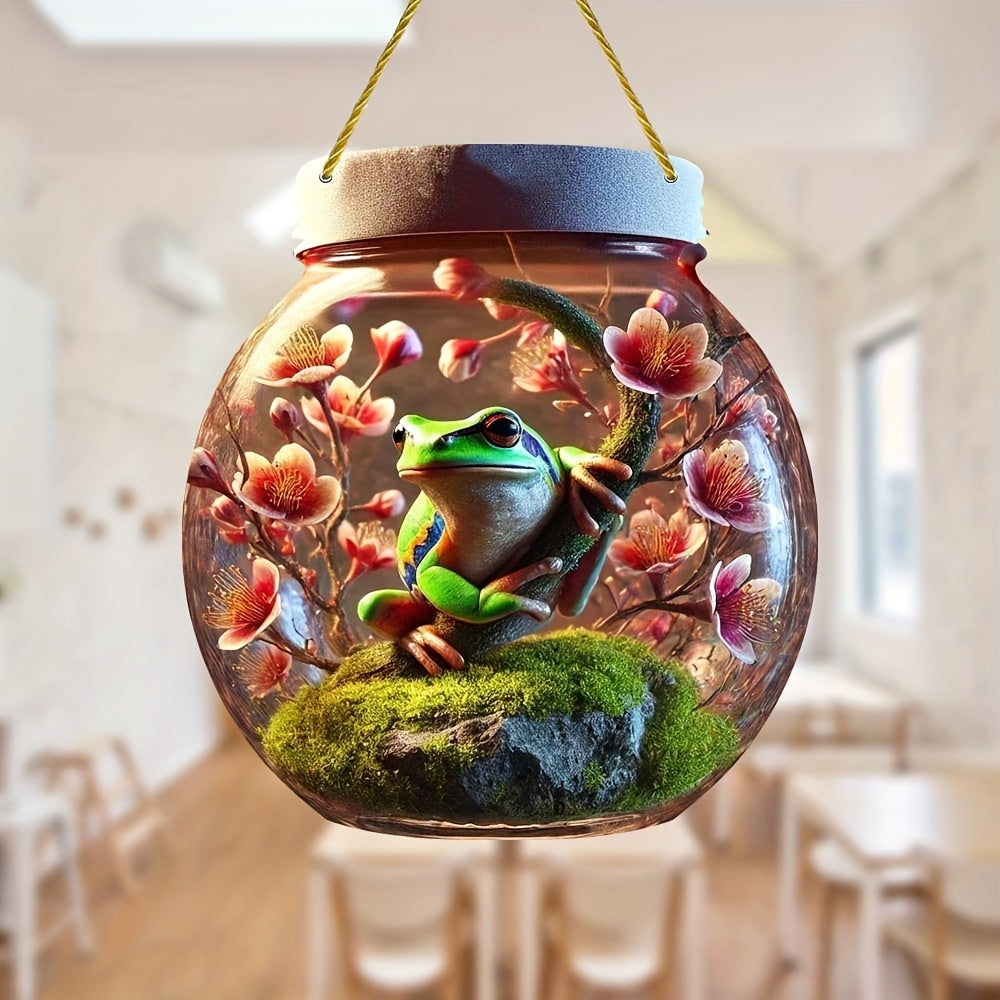 1pc, Frog Glass Jar Suncatcher, Acrylic Bottle Sign, 6.69x7.87in, Stain Window Hanging, Dining Room Decor, Living Room Decor, Bedroom Decor, Living Room Decor, Doorway Decor, Boy Gift, Friend Gift