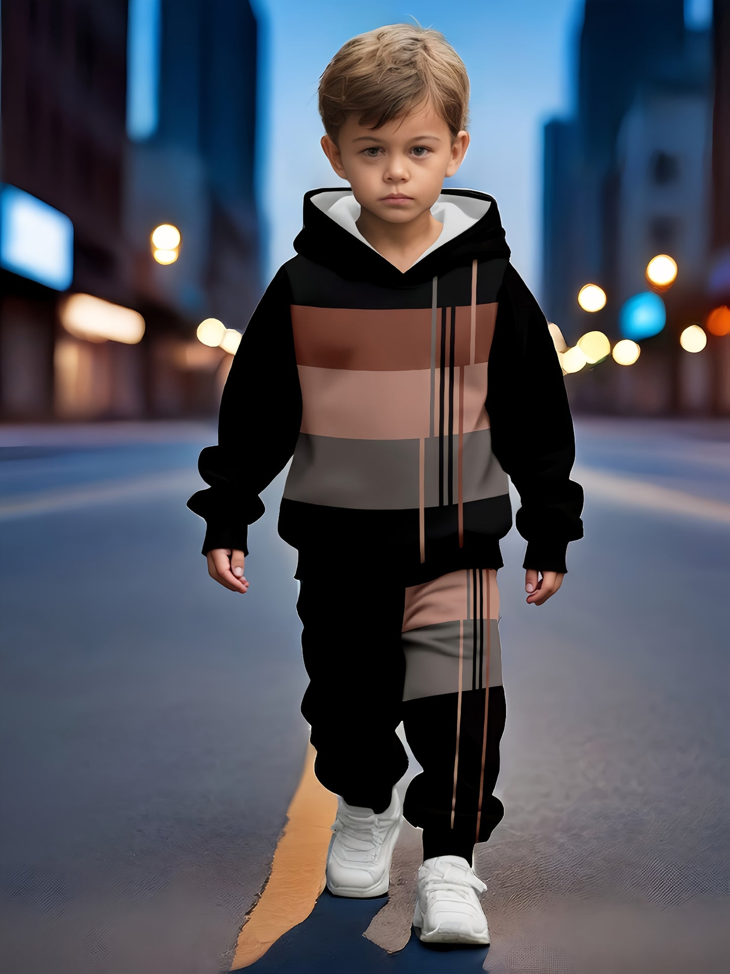 [Machine Washable] Boys' 2pcs Color Block Stripe Hoodie & Joggers Set | Comfortable, Casual | Machine Washable | Outdoor, Spring/Fall