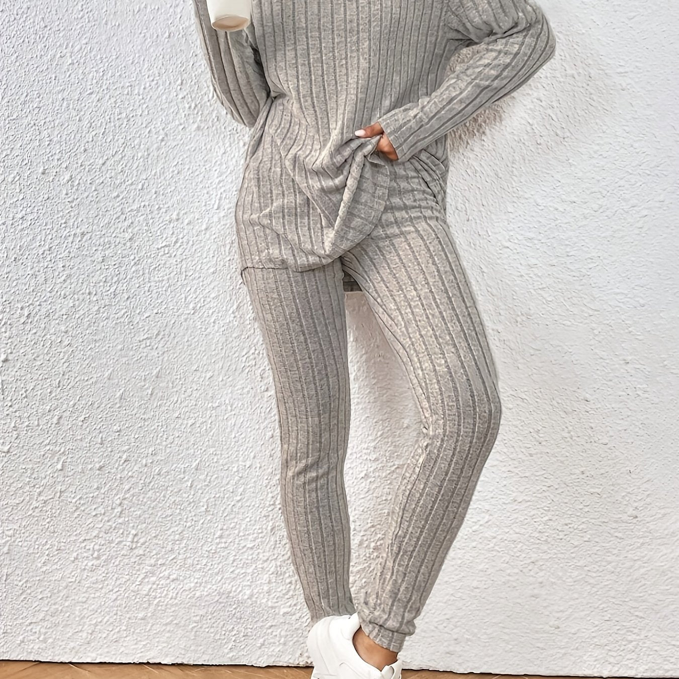 Women'S Fall/Winter Knit Pajama Set, Solid Color Polyester 100% Long Sleeve Crew Neck Loose Fit Vacation Style Pullovers with Pants, Comfortable V-Neck Lounge Suit