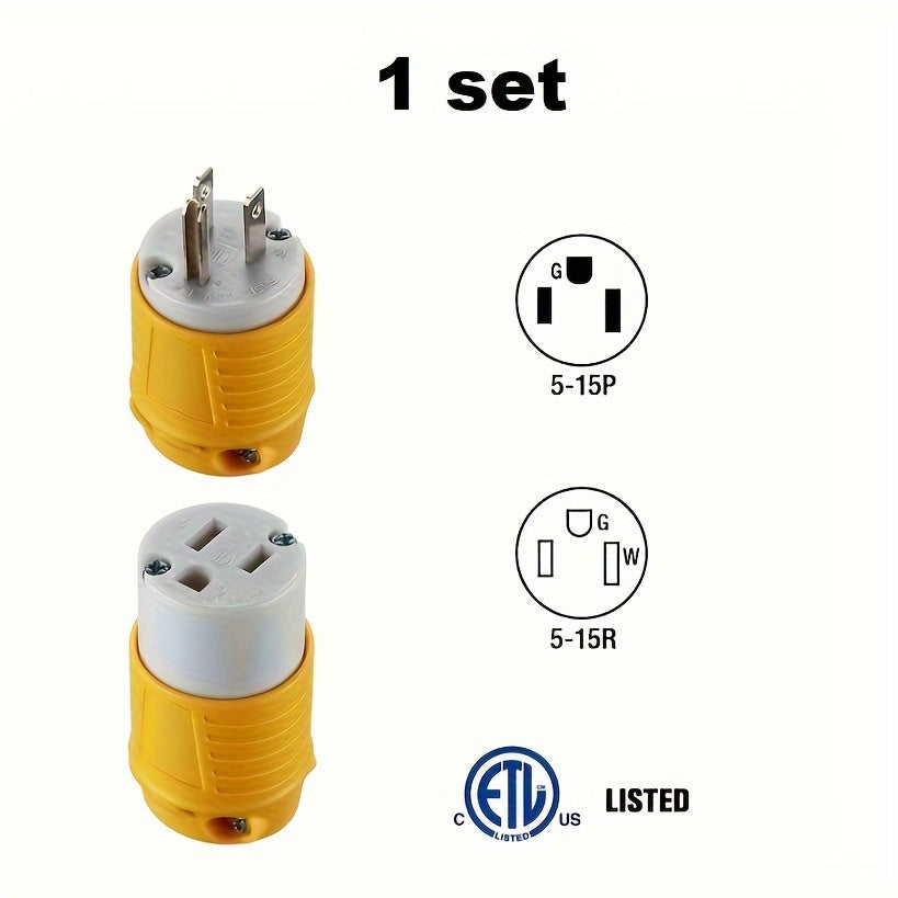 [5 Male and Female Connectors Set] Set of 1/3/5 Male And Female Connectors, American Industrial RV Replacement Plug Set NEMA 5-15R 15A 125V, Straight Connector, Yellow Color, Without Battery