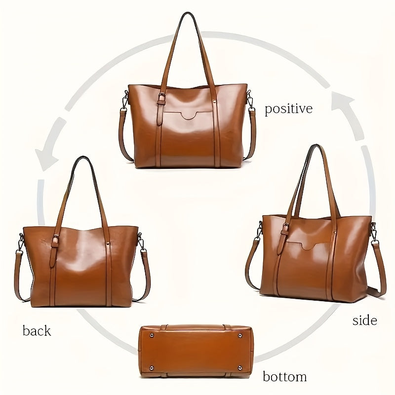 Elegant Brown Waxed Handbag for Women - Chic Single Shoulder Bag with Detachable Strap, Zip Closure & Polished Finish, Purse for Traveling, Ladies Handbag