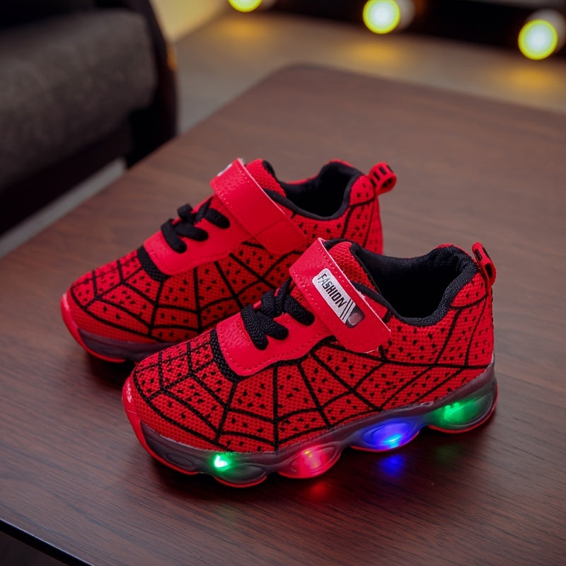 Casual Cool Spider Net Woven Shoes With LED Light For Boys, Breathable Non-slip Sneakers For Walking Running Training