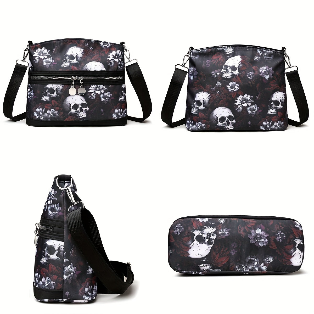 Vibrant Gothic Floral Skull Crossbody Bag - Women's Punk Style Shoulder Bag for Daily Commuter and Work with Adjustable Strap, Multi-Functional Travel Purse, Spacious Interior, and Stylish Design