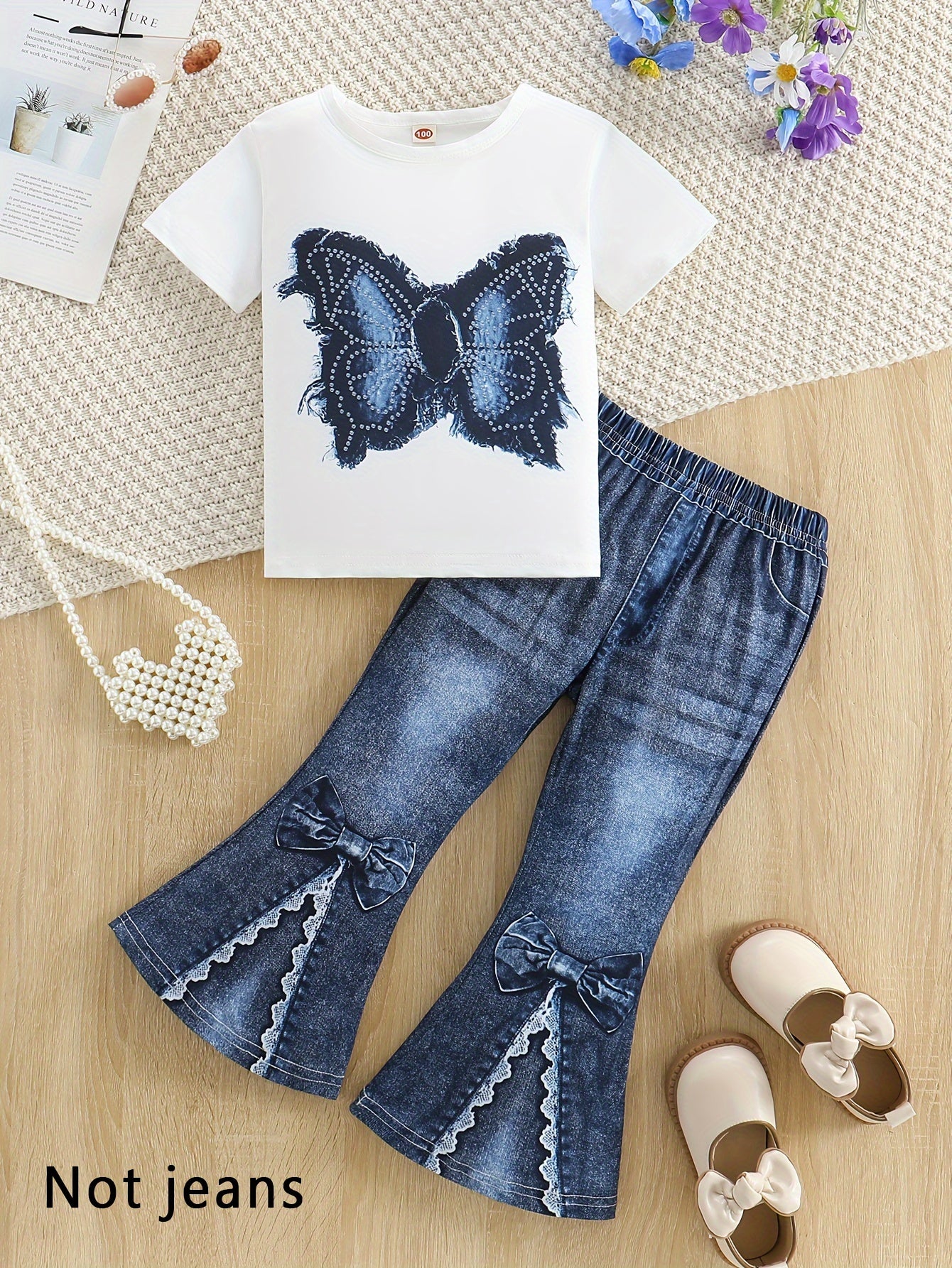 Chic Girls' 2pcs Set: Butterfly Print Short Sleeve Tee & Faux Denim Bell Bottoms - Machine Washable, Spring/Fall, Perfect for Outdoor