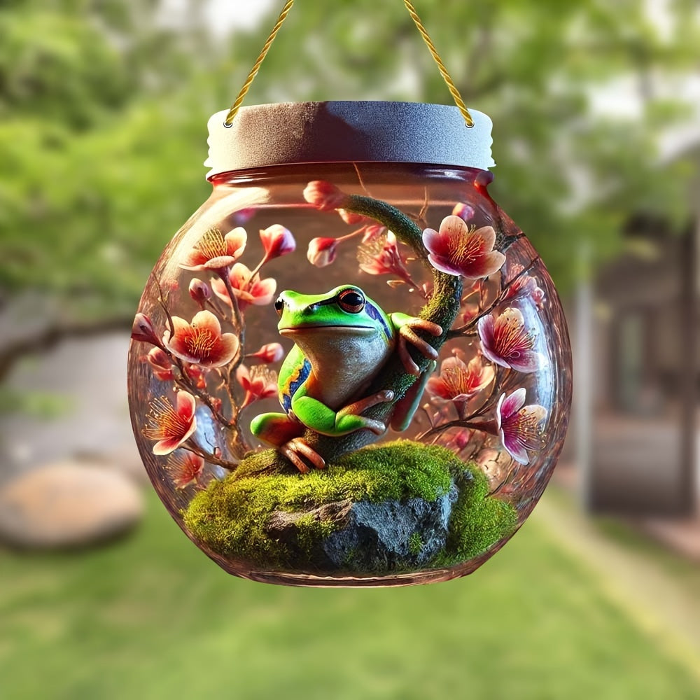 1pc, Frog Glass Jar Suncatcher, Acrylic Bottle Sign, 6.69x7.87in, Stain Window Hanging, Dining Room Decor, Living Room Decor, Bedroom Decor, Living Room Decor, Doorway Decor, Boy Gift, Friend Gift