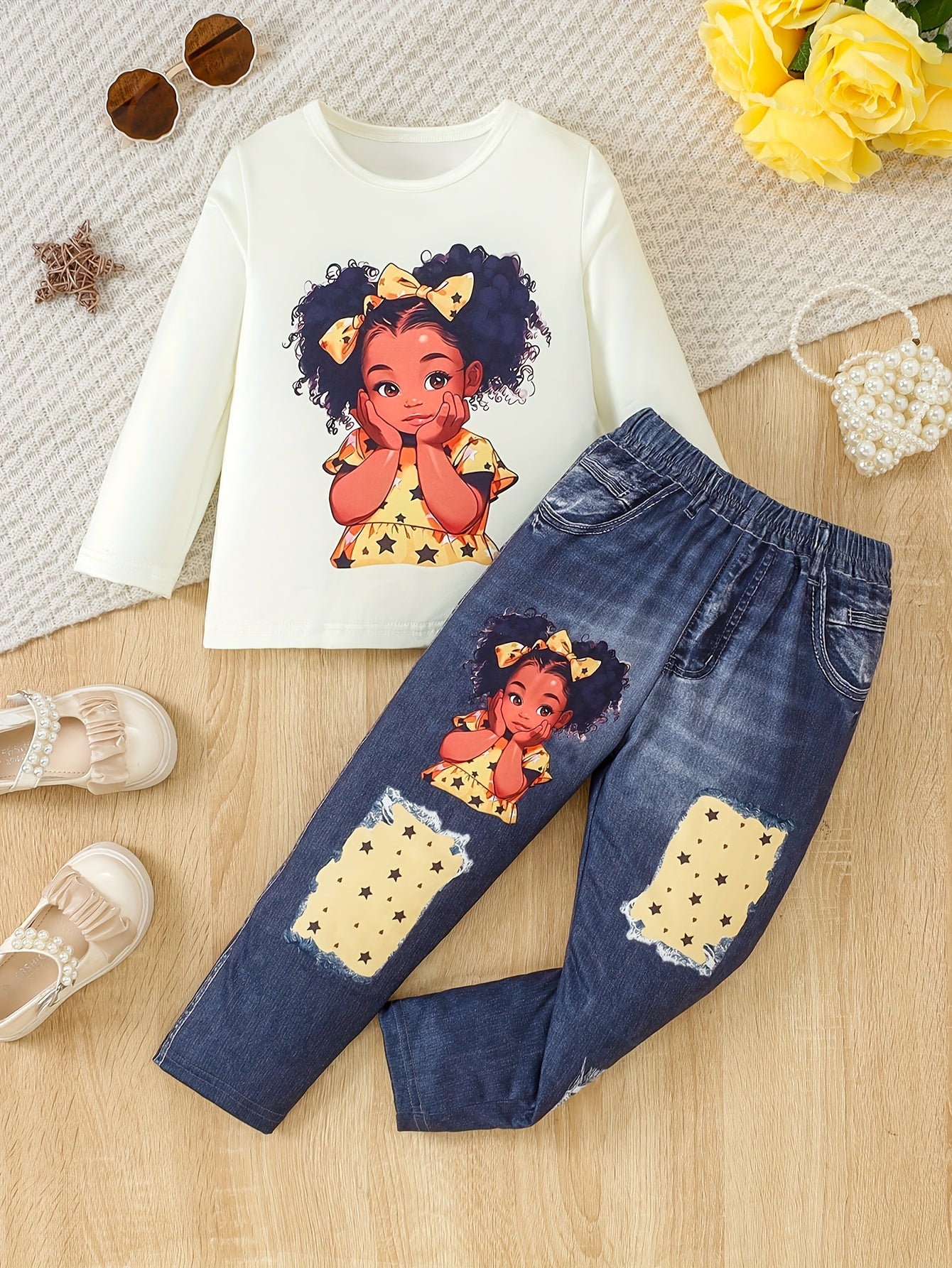 2Pcs Sweet Doll Print Suit Girl's outdoor Long-Sleeve Top + Imitation Denim Effect Leggings Set - Spring & Fall Clothes, Casual Outfits Holiday Sports Gift