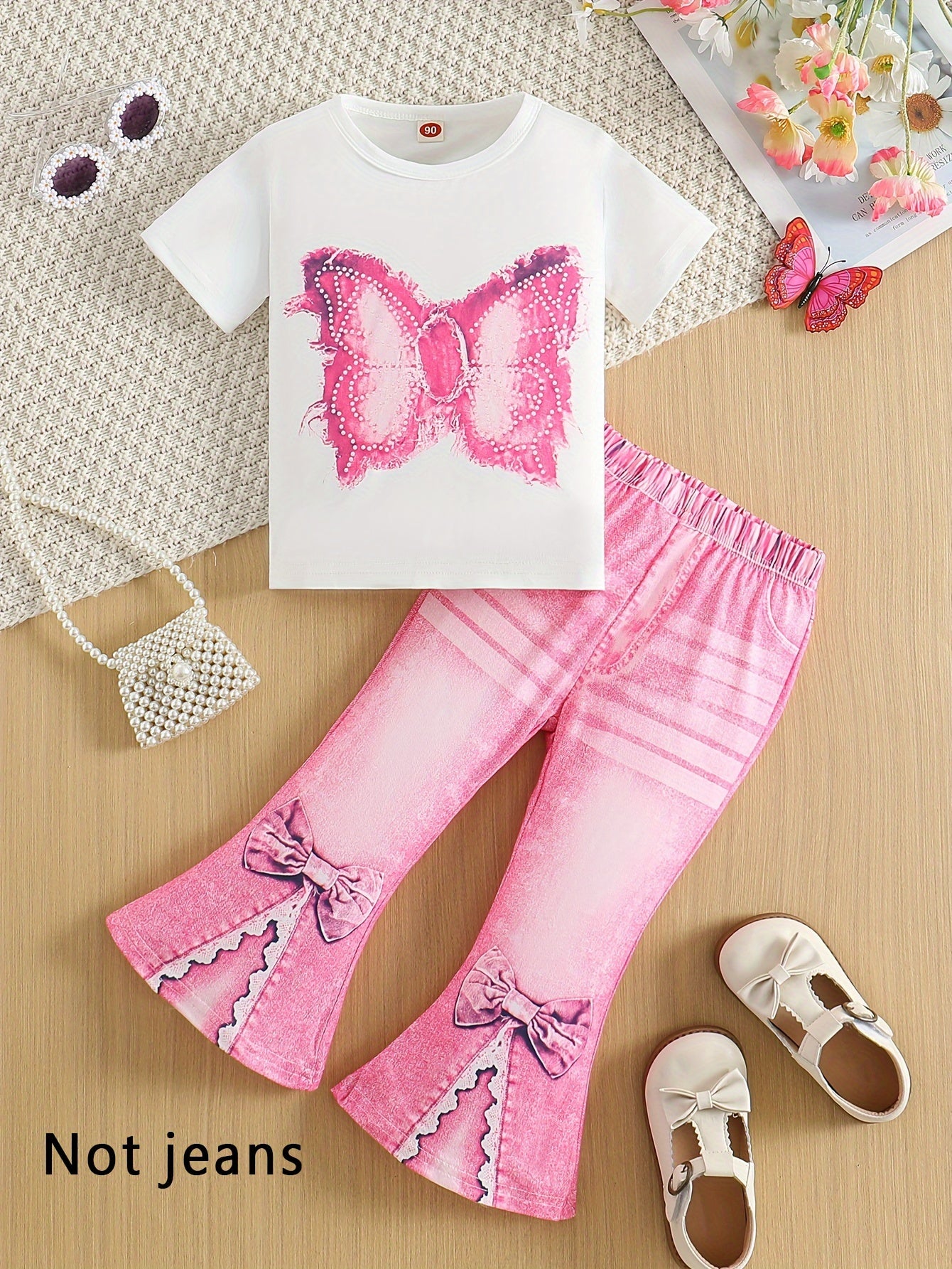 Chic Girls' 2pcs Set: Butterfly Print Short Sleeve Tee & Faux Denim Bell Bottoms - Machine Washable, Spring/Fall, Perfect for Outdoor