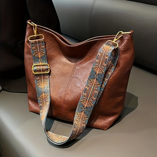 2024 Summer Fashion Large Capacity Burgundy Faux Leather Crossbody Bag for Women with Wide Decorative Strap, Zipper Closure, Leather Lining, Solid Color Trendy Messenger