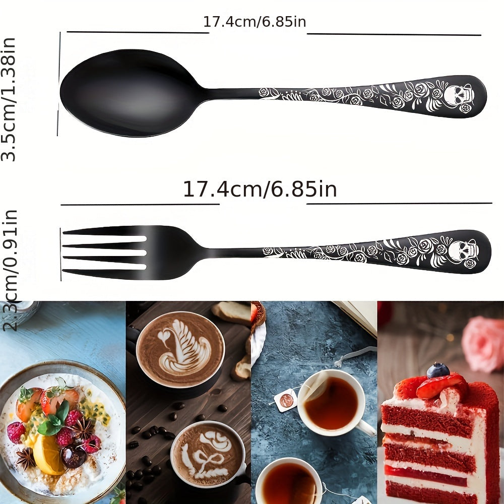 [6/8/12pcs Durable Steel Flatware Set] Gothic Black Skull and Rose Design Stainless Steel Flatware Set, 6/8/12pcs, Steel Cutlery Set for Halloween, Christmas, Easter, Thanksgiving - Durable Steel Spoons and Forks for Dessert