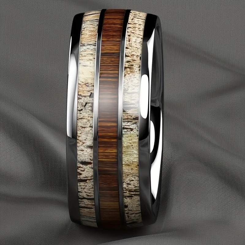 1pc Silvery-Toned Mens Stainless Steel Ring with Authentic Wood GrainInlay - Fashionable Engagement/Wedding Jewelry for Timeless Style