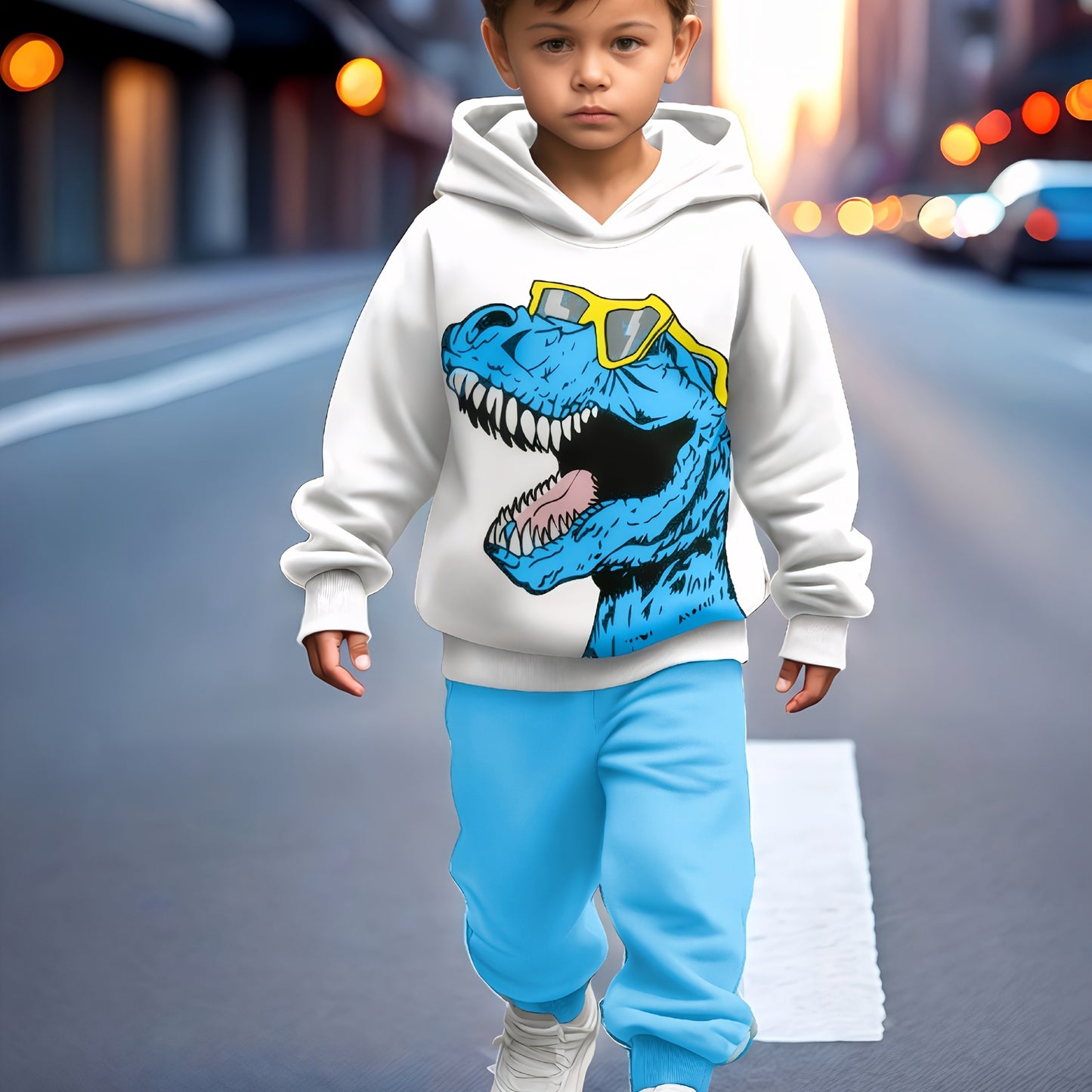 2pcs boy's cartoon dinosaur print sweatshirt sports suit, hooded sweatshirt + jogging pants sports Youngsters's clothing gift. Comfortable fabric, spring and autumn season, 2pcs sports sweatshirt set. Suitable for outdoor use