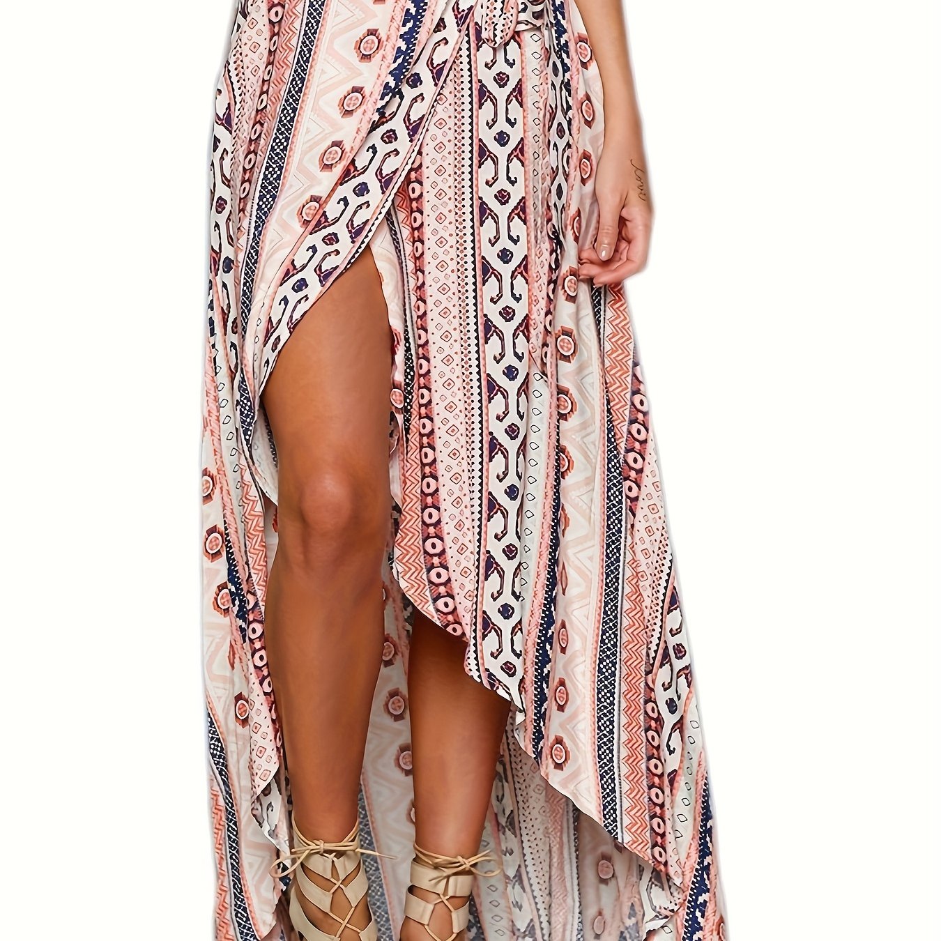 [Boho Print Maxi Skirt] High Waist Boho Print Maxi Skirt - Asymmetric Hem Side Wrap Long Skirt for Women