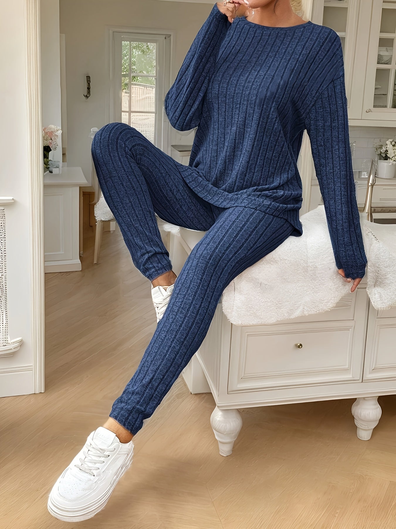 Women'S Fall/Winter Knit Pajama Set, Solid Color Polyester 100% Long Sleeve Crew Neck Loose Fit Vacation Style Pullovers with Pants, Comfortable V-Neck Lounge Suit