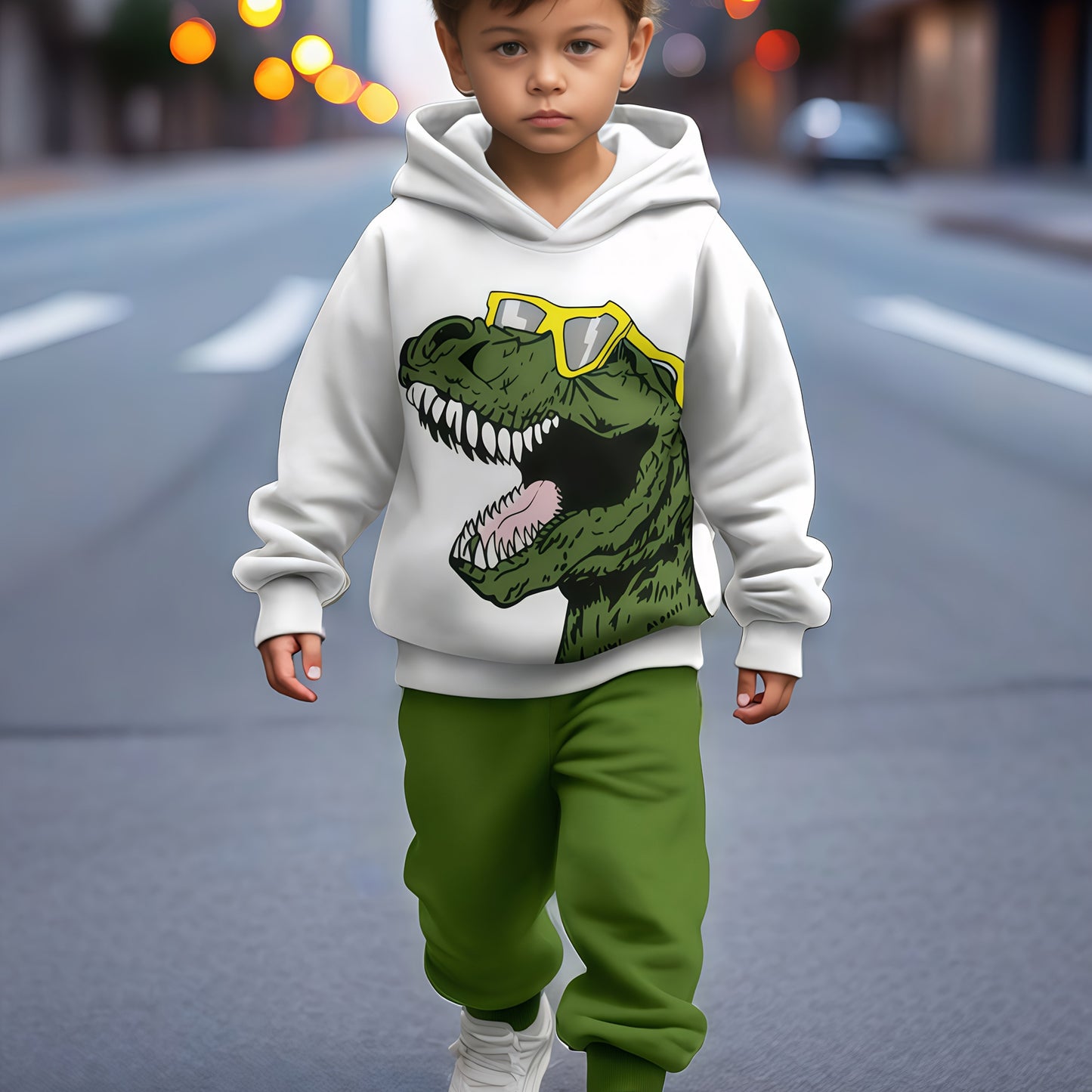 2pcs boy's cartoon dinosaur print sweatshirt sports suit, hooded sweatshirt + jogging pants sports Youngsters's clothing gift. Comfortable fabric, spring and autumn season, 2pcs sports sweatshirt set. Suitable for outdoor use