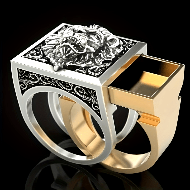 1 Men's Bold Lion Head Statement Ring - Vintage-Inspired Copper with Invisible Storage Box, Golden & Black Detailing, Perfect for Men's Fashion Jewelry