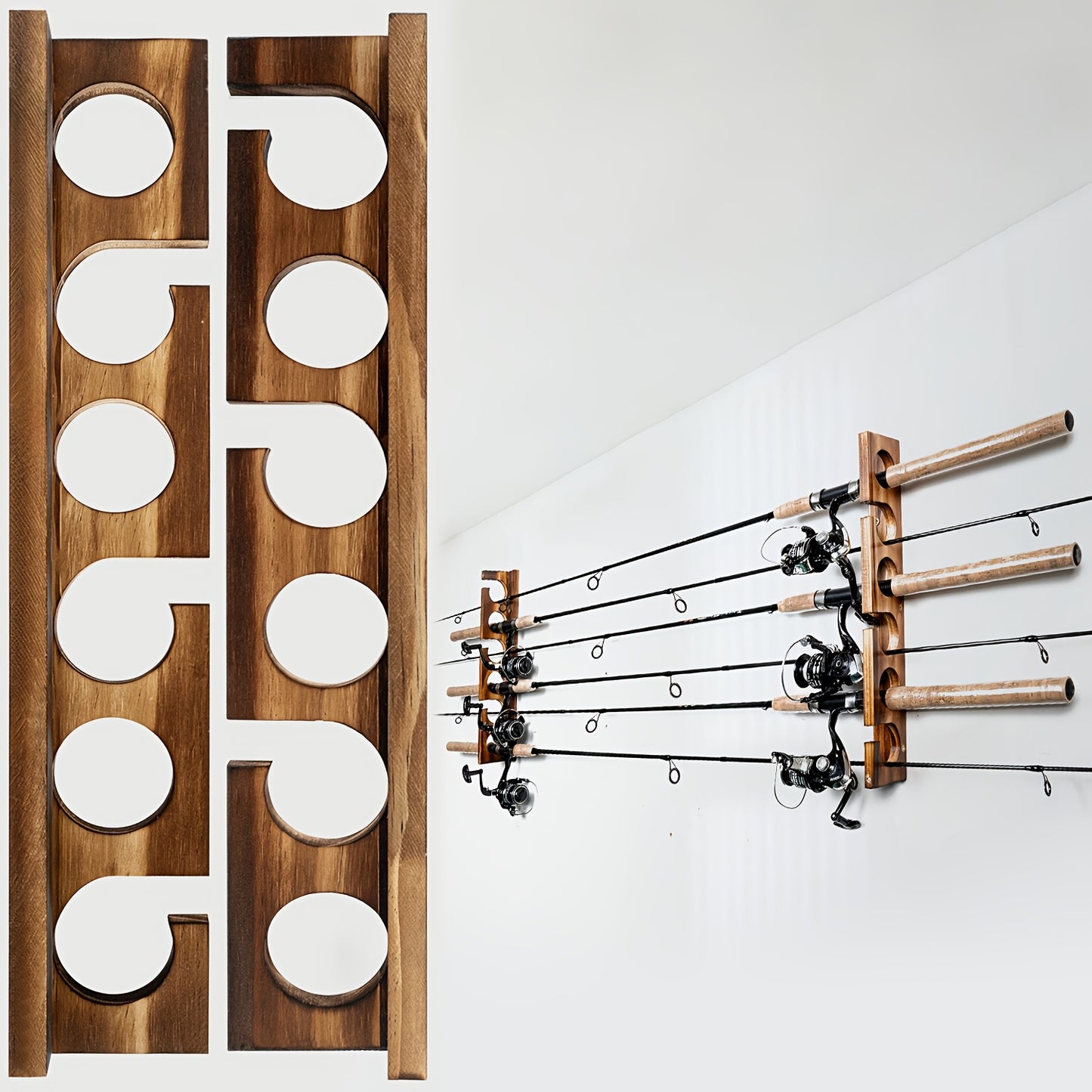 Ghosthorn Premium Wooden Fishing Rod Rack - Holds 12 Rods, Wall/Ceiling Mounted, Ideal for Garage Storage & Organization, Perfect Gift for Anglers on Christmas, Father's Day, Valentine's - Sleek Brown, Fishing Rod Storage