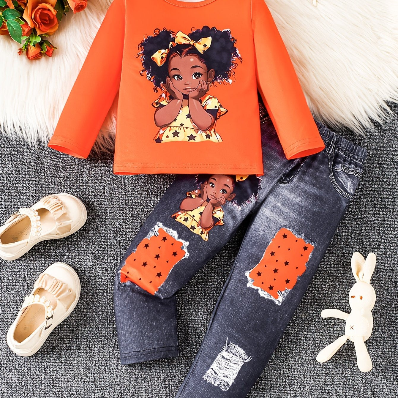 2Pcs Sweet Doll Print Suit Girl's outdoor Long-Sleeve Top + Imitation Denim Effect Leggings Set - Spring & Fall Clothes, Casual Outfits Holiday Sports Gift