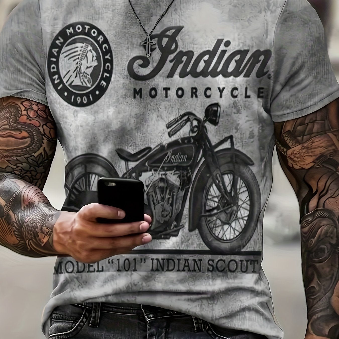 Men's Stylish And Retro Style Motorcycle Pattern And Alphabet Print T-shirt With Crew Neck And Short Sleeve, Fashionable Sports Tops For Summer Outdoors Activities