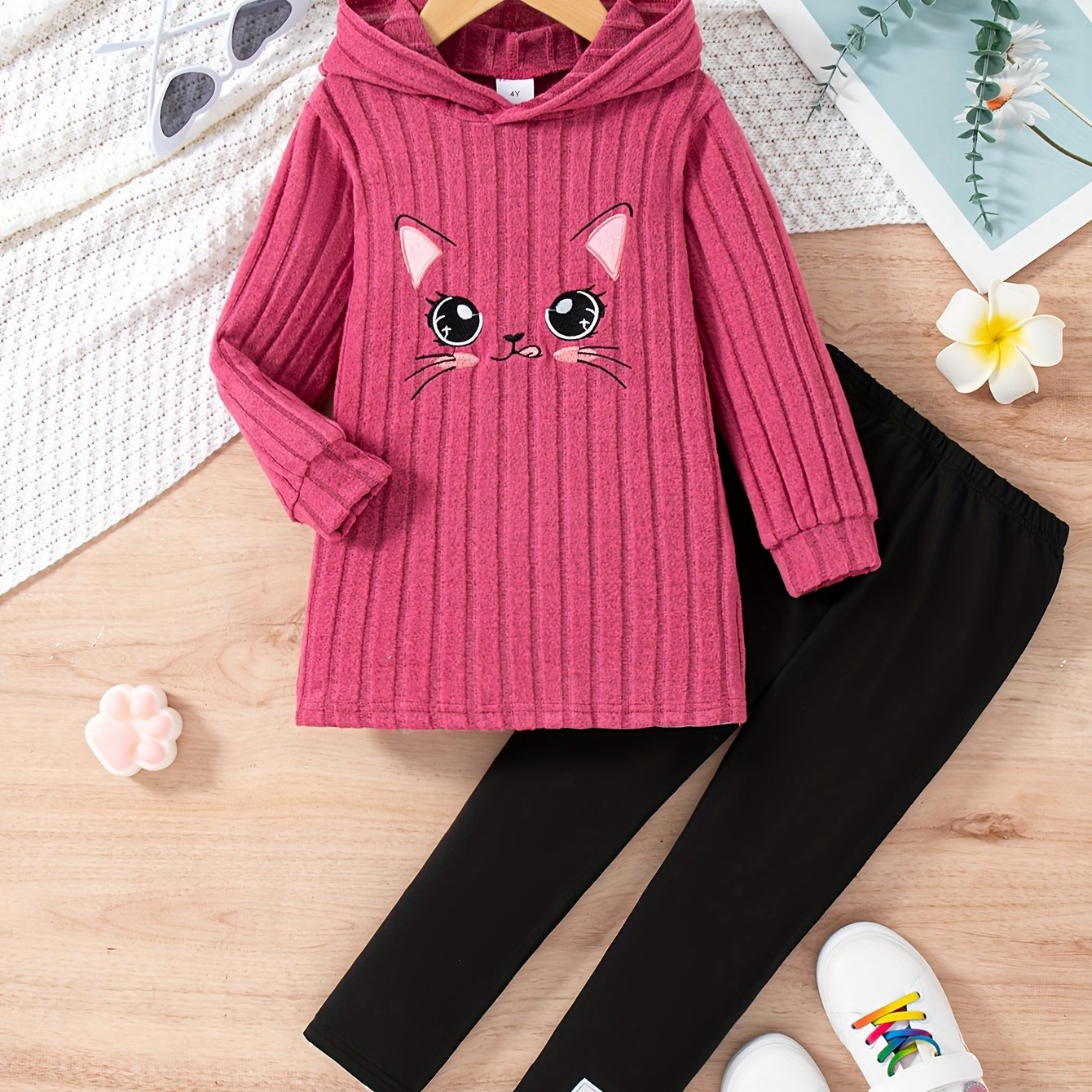 Cartoon Pattern Knit Set For Girls, Long Sleeve Top And Pants, Casual And Comfortable Outfit For Outdoor Activities in Spring And Autumn